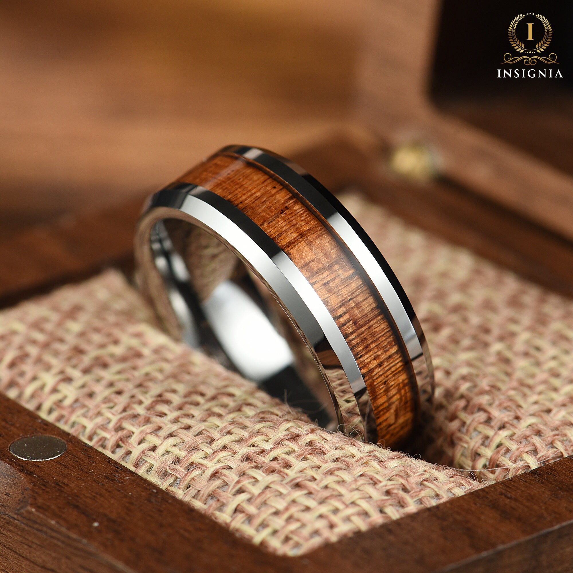 Whiskey Barrel Wood Wedding Band 6 mm - Unique Mens Tungsten Wedding Band - Two Tone Engagement /Promise Ring for him - Anniversary Gift - INSIGNIA