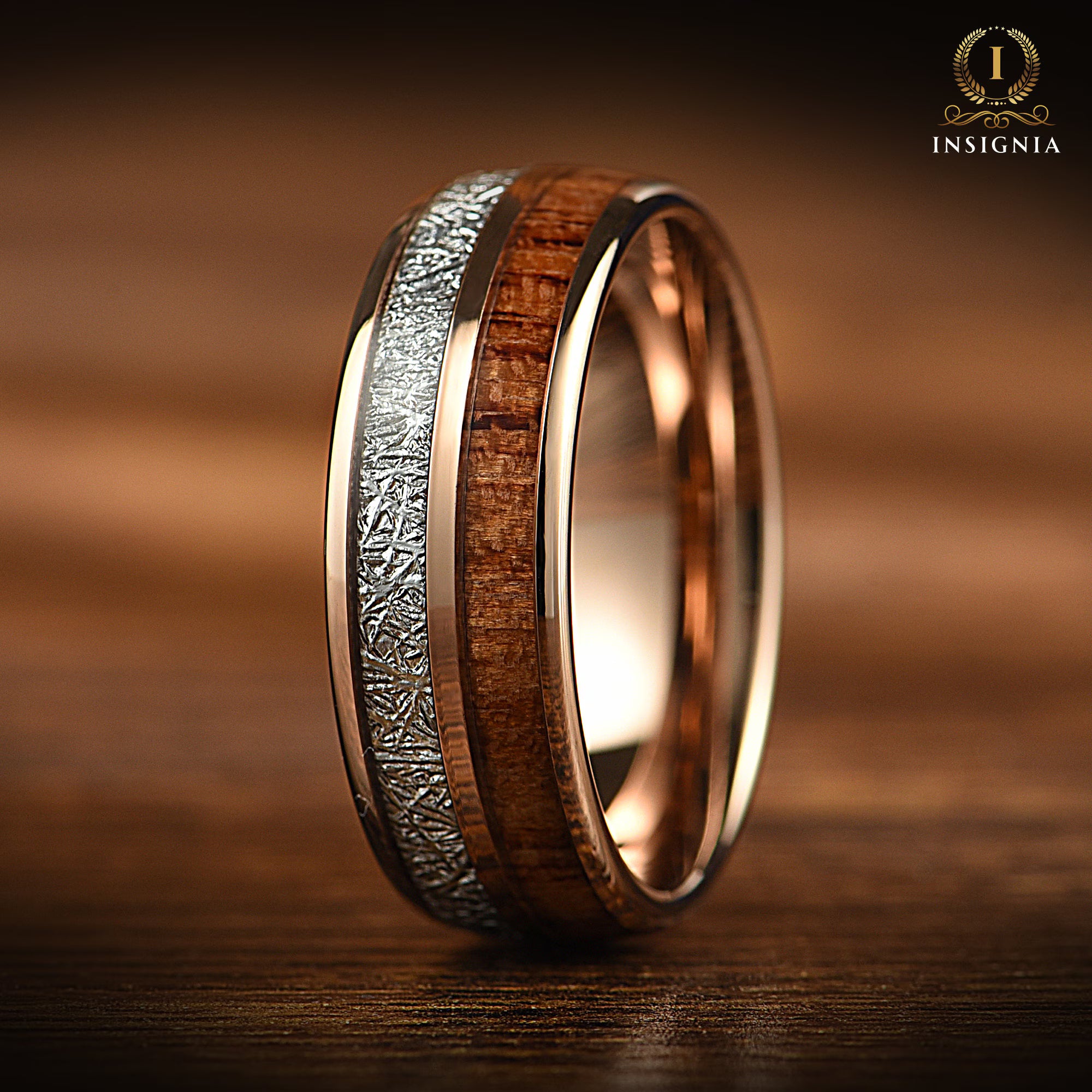 His and Hers Meteorite & Koa Wood Inlays Tungsten Wedding Band Set - Wooden Couple Rings - Male/Female Dome Ring Comfort Fit - 6/8mm - INSIGNIA