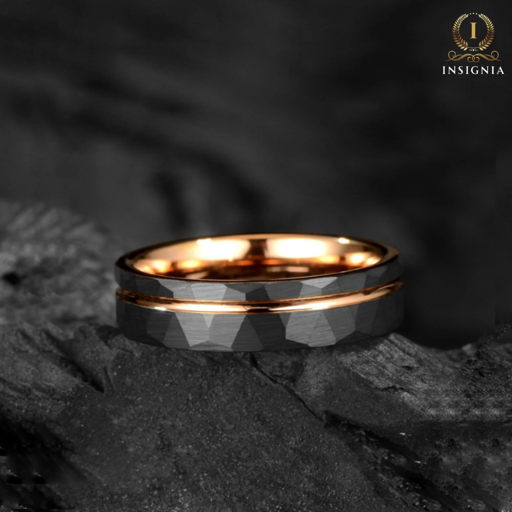 Black Hammered Mens Wedding Ring 6mm - Rose Gold Strip Hammered Brushed Tungsten Unisex Wedding Band / Engagement Ring / Anniversary Gift - INSIGNIA