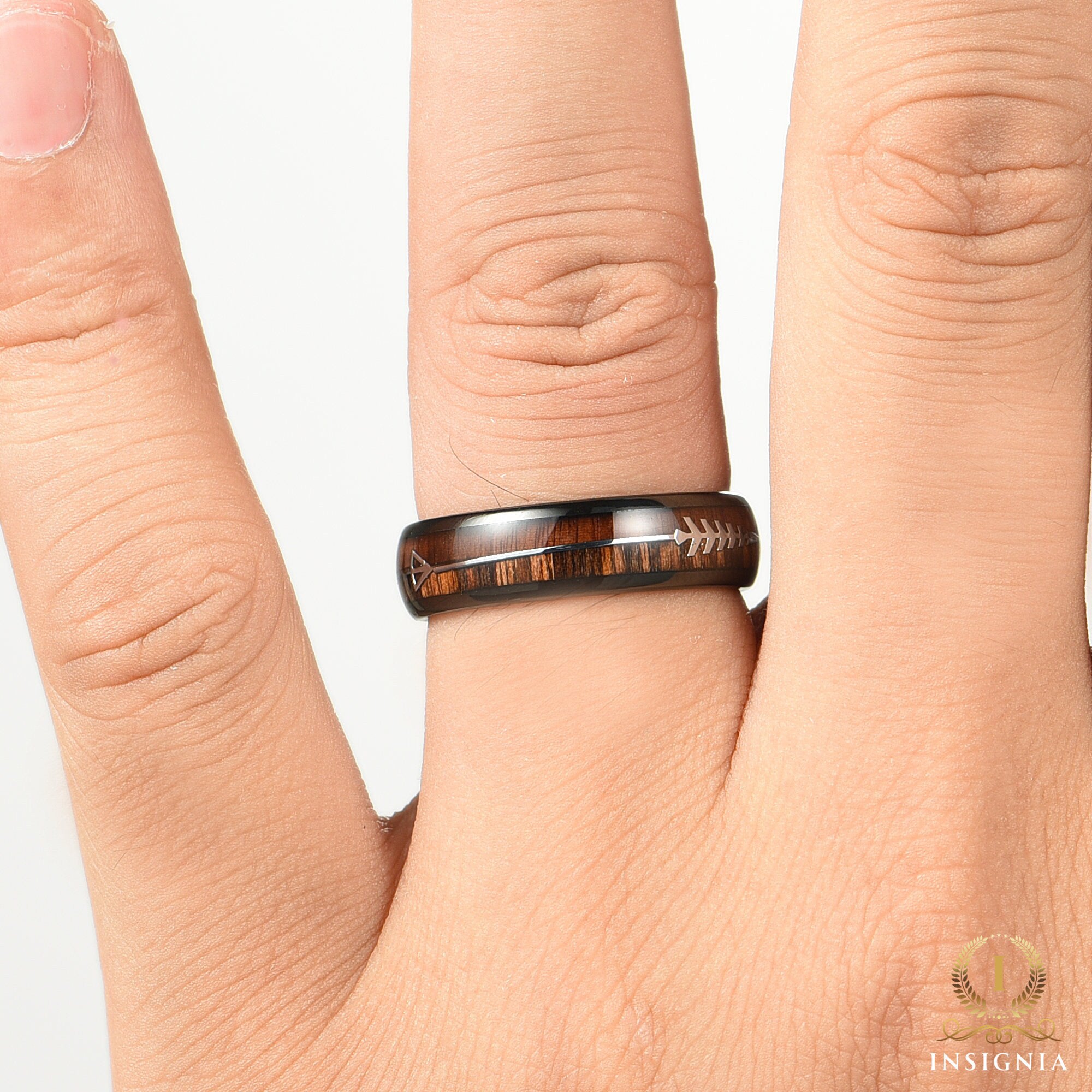 Wooden Whiskey Barrel Wedding Couple Rings Black 6/8 mm- His and Hers Wedding Bands Set -  Promise Ring for Couples - Dome Arrow Wood Rings (Copy) - INSIGNIA