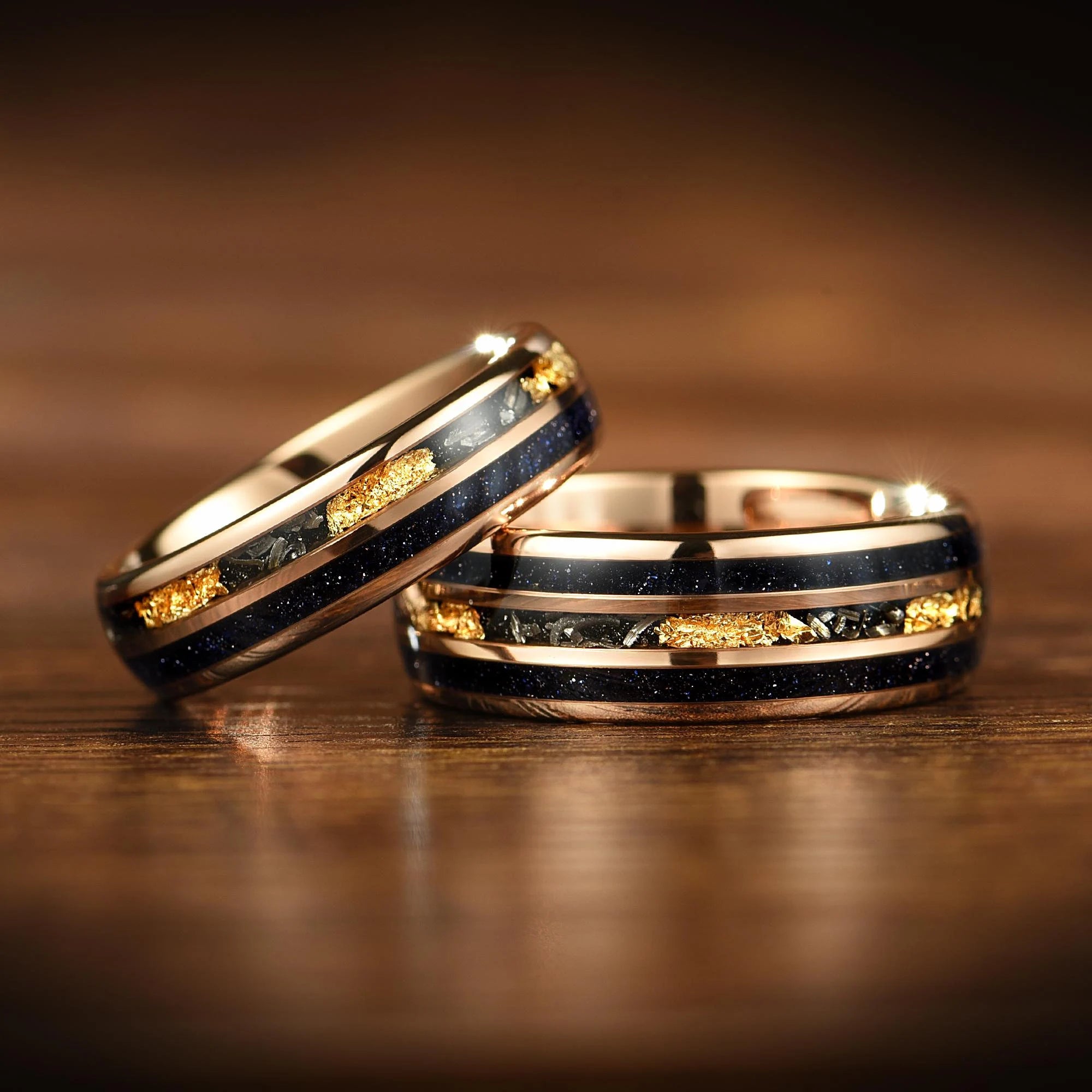 Galaxy Meteorite, Sandstone & Gold Leaf His and Hers Couple Wedding Rings 6/ 8mm  - Promise Rings for Couples -Tungsten Couple Wedding bands - INSIGNIA