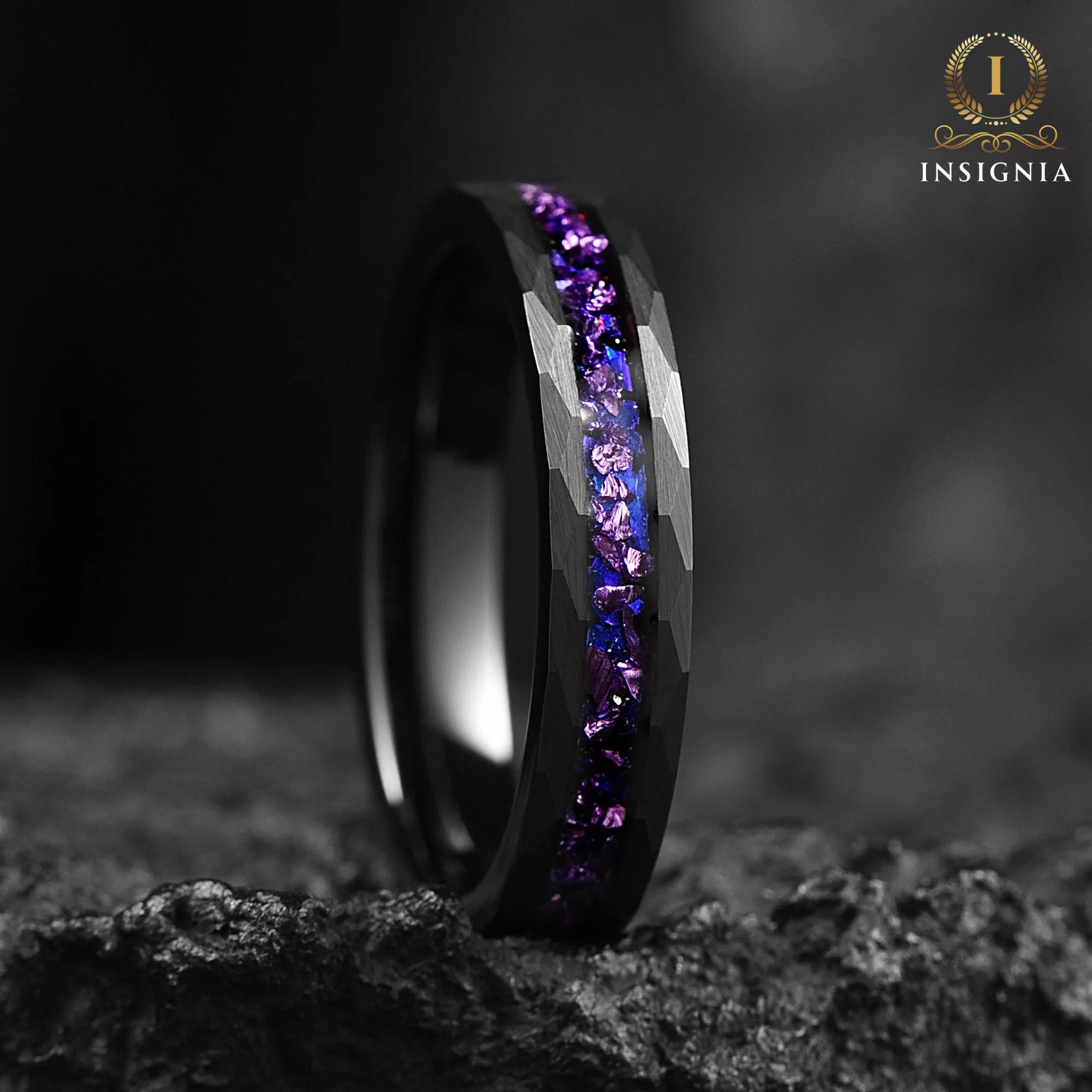 Galaxy Alexandrite Hammered Ring  for Women 4 mm - Tungsten & Blue Sandstone Women Wedding Band Unique - Engagement / Promise Ring for Her - INSIGNIA