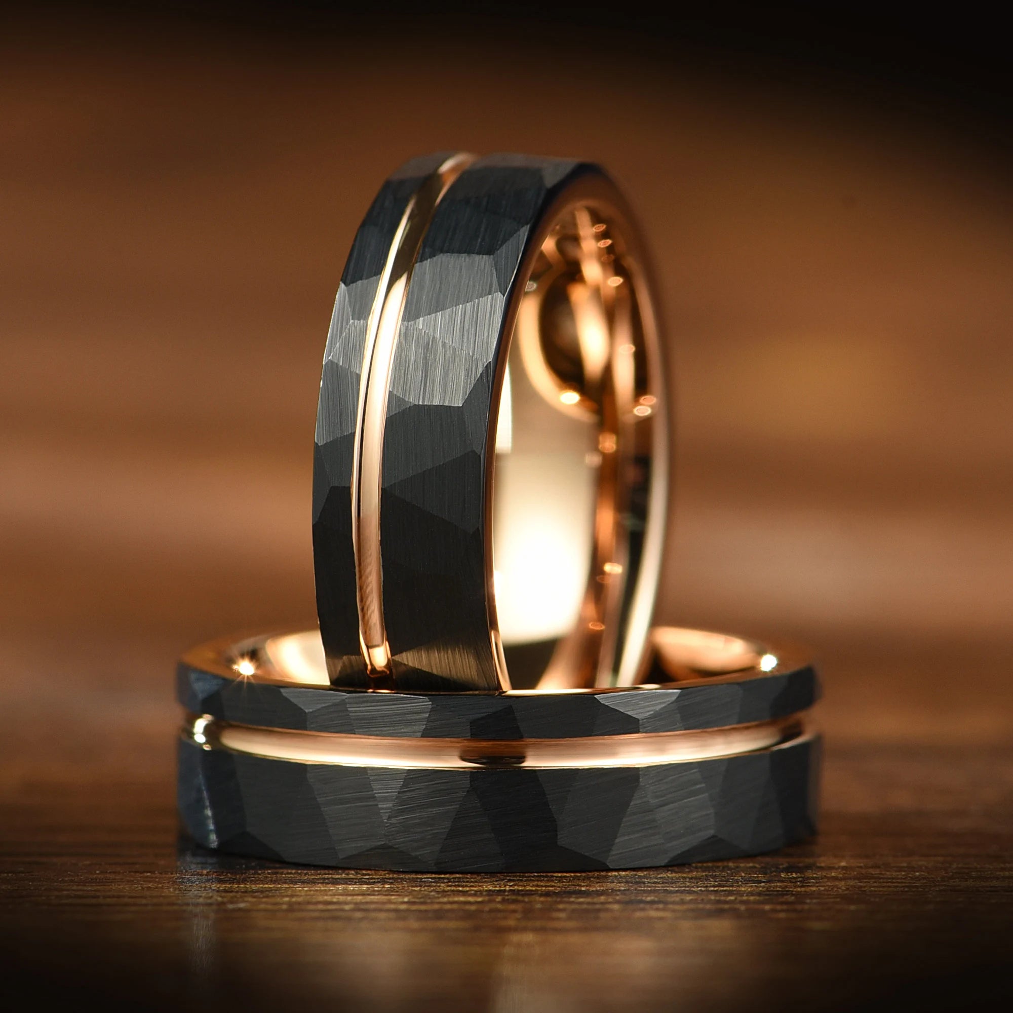 Hammered Rose Gold & Black Wedding Ring 8/6mm - Two Tone Tungsten Carbide, Mens Wedding Band Unique - Engagement /Simple Promise Ring for Him - INSIGNIA