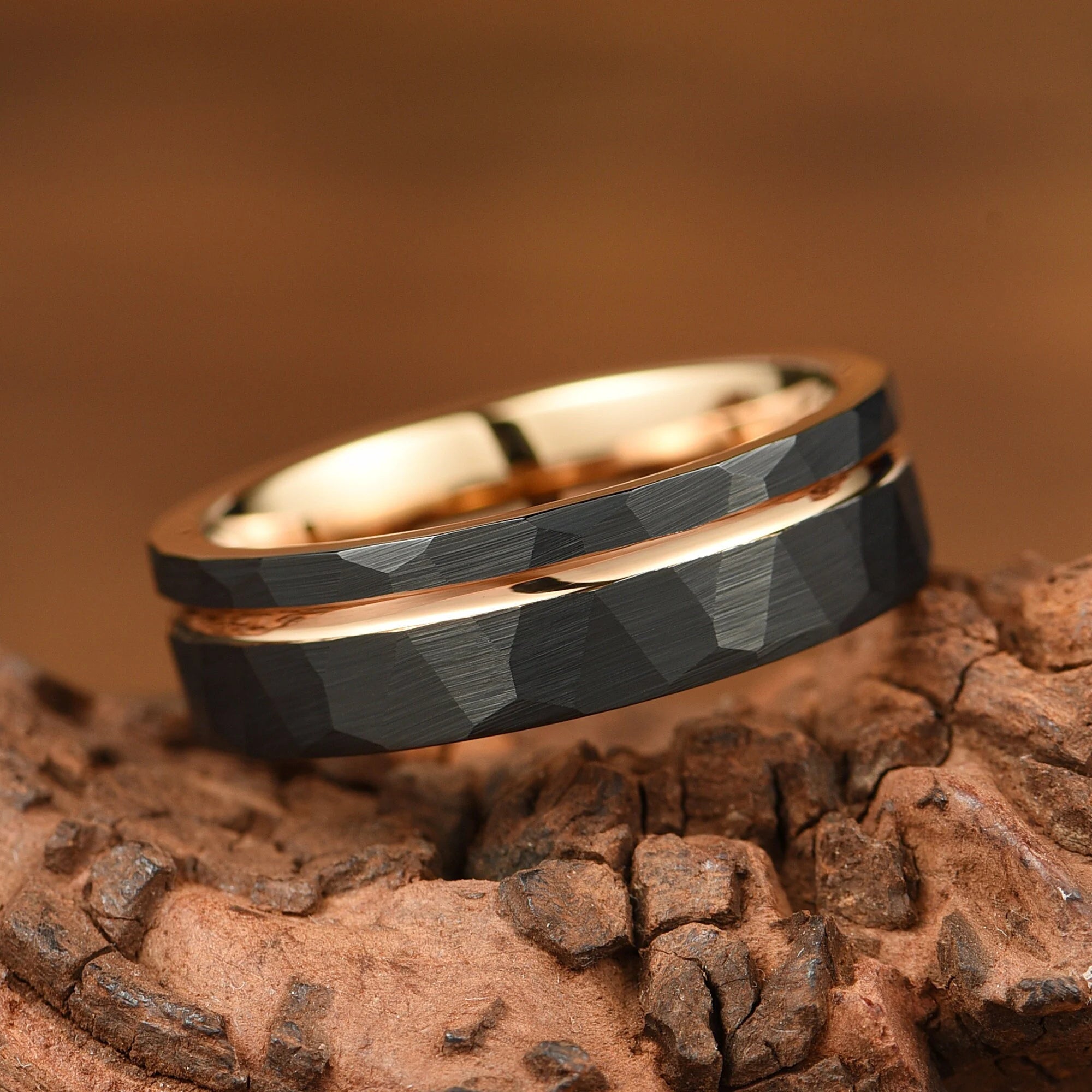 Hammered Rose Gold & Black Wedding Ring 8/6mm - Two Tone Tungsten Carbide, Mens Wedding Band Unique - Engagement /Simple Promise Ring for Him - INSIGNIA