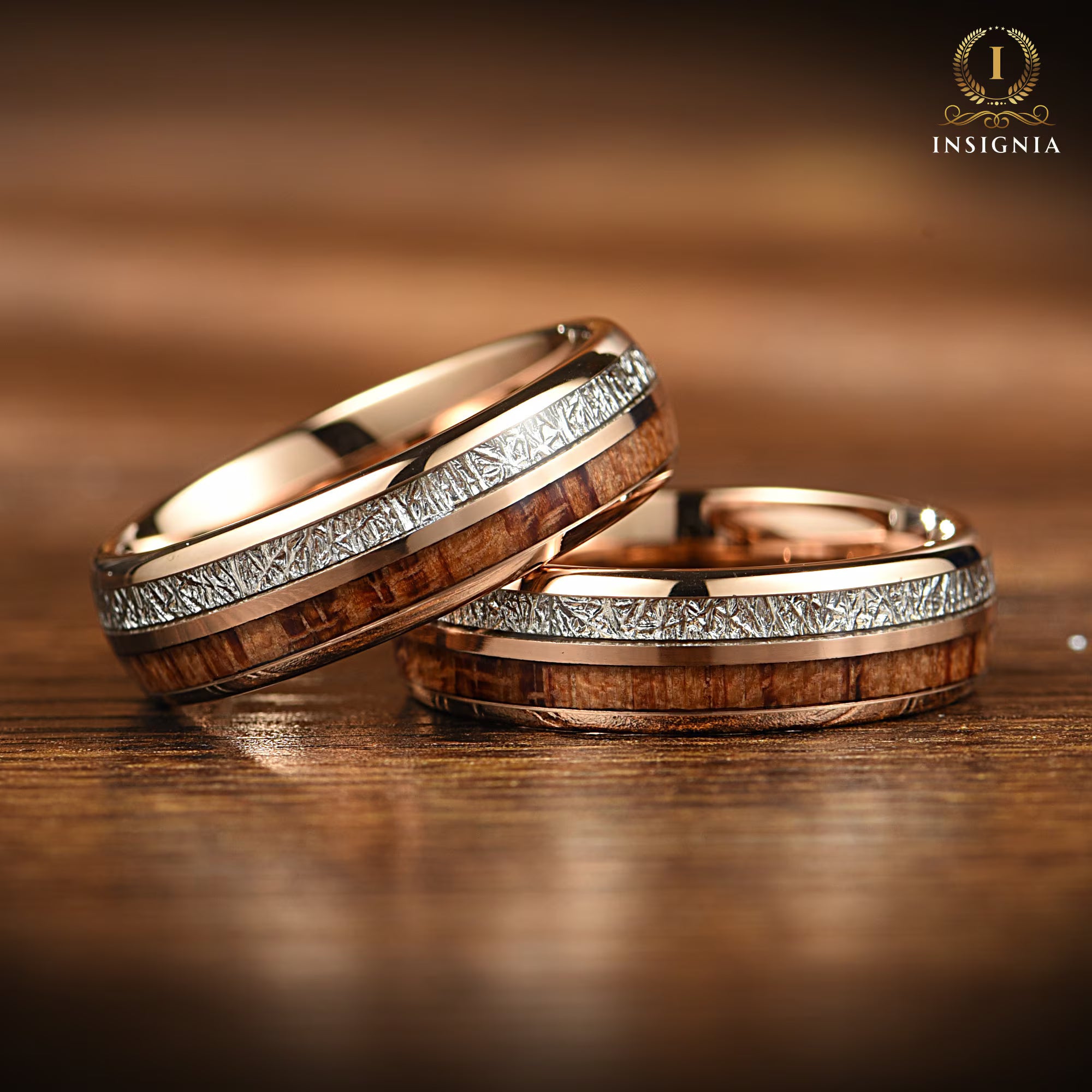 His and Hers Meteorite & Koa Wood Inlays Tungsten Wedding Band Set - Wooden Couple Rings - Male/Female Dome Ring Comfort Fit - 6/8mm - INSIGNIA