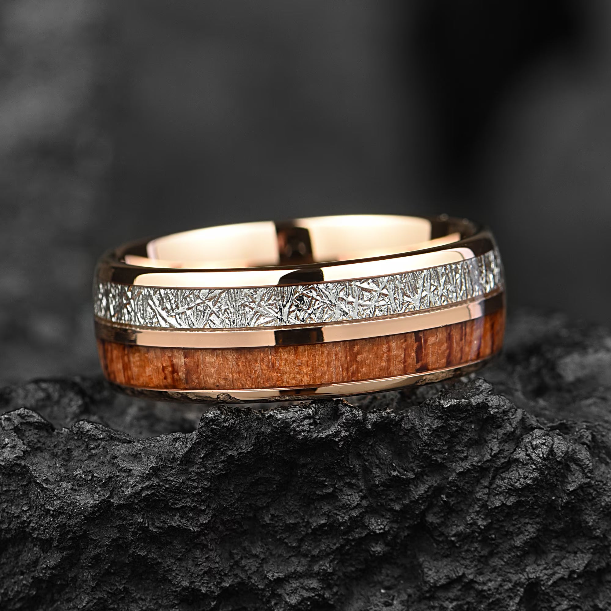 His and Hers Meteorite & Koa Wood Inlays Tungsten Wedding Band Set - Wooden Couple Rings - Male/Female Dome Ring Comfort Fit - 6/8mm - INSIGNIA