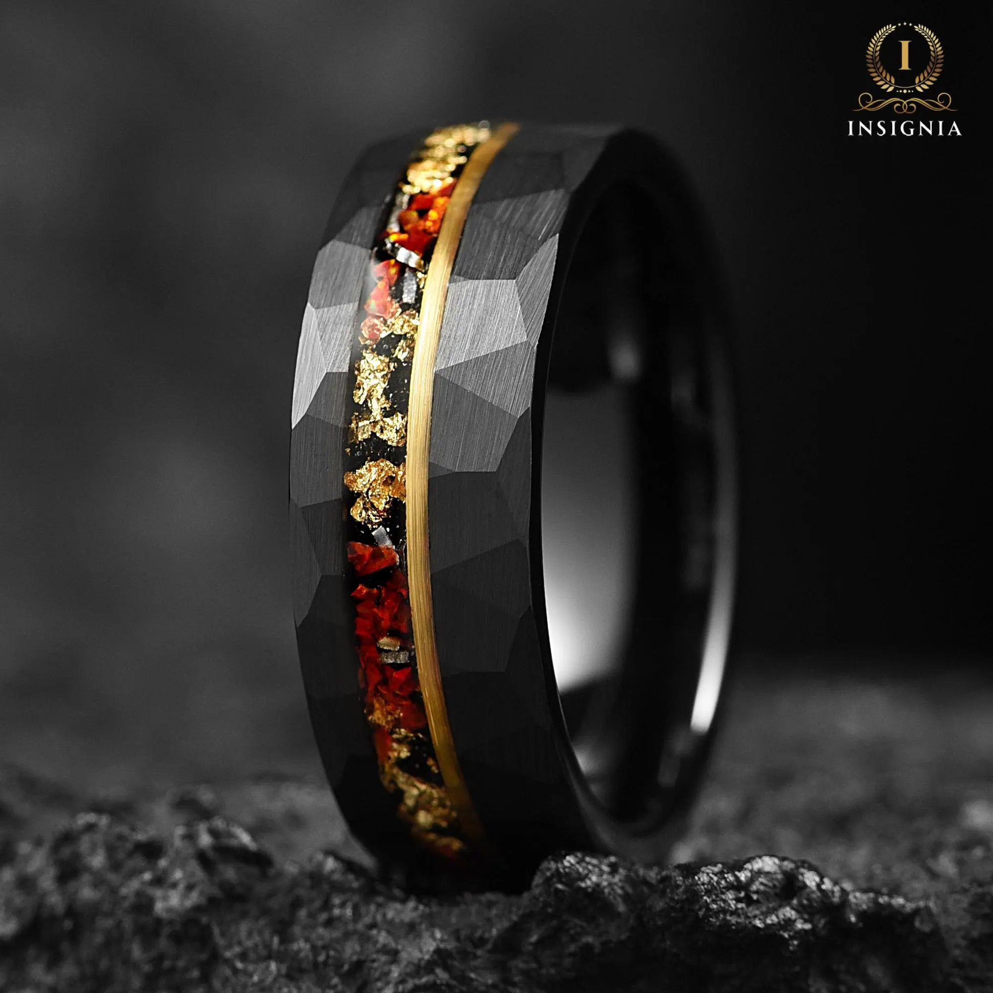 Meteorite, Red Fire Opal & Gold Leaf Hammered Ring 8mm - Faceted Mens Unique Wedding Band - Engagement/Promise Ring For Him Anniversary Gift - INSIGNIA