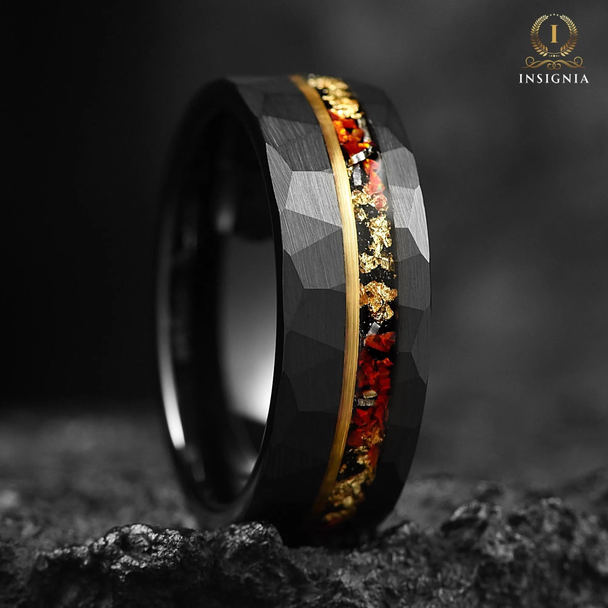 Meteorite, Red Fire Opal & Gold Leaf Hammered Ring 8mm - Faceted Mens Unique Wedding Band - Engagement/Promise Ring For Him Anniversary Gift - INSIGNIA