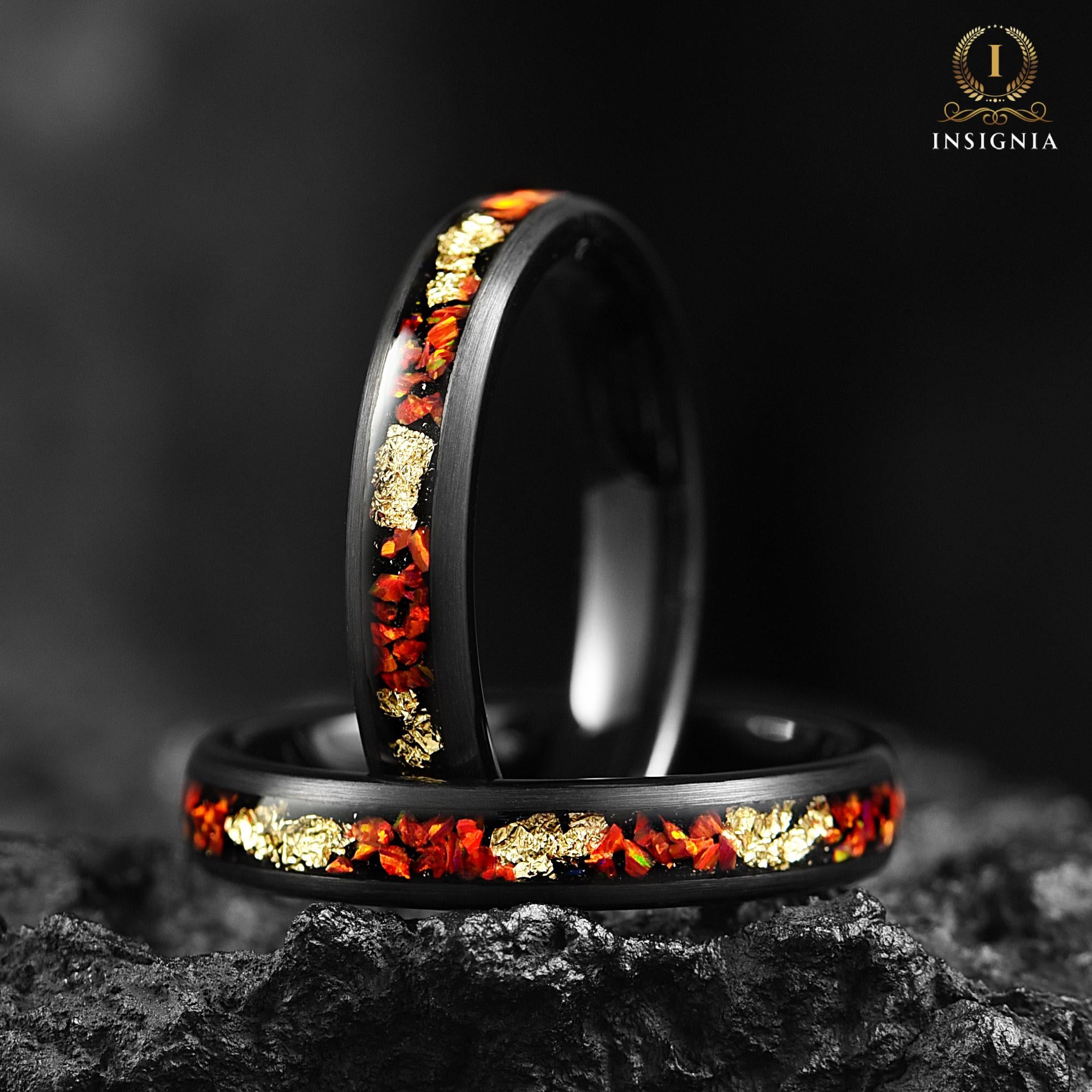 Red Fire Opal & Gold Leaf Dome Ring 4mm for Women-  Unique Wedding Band - Engagement / Promise Ring For Her - Anniversary Gift - INSIGNIA