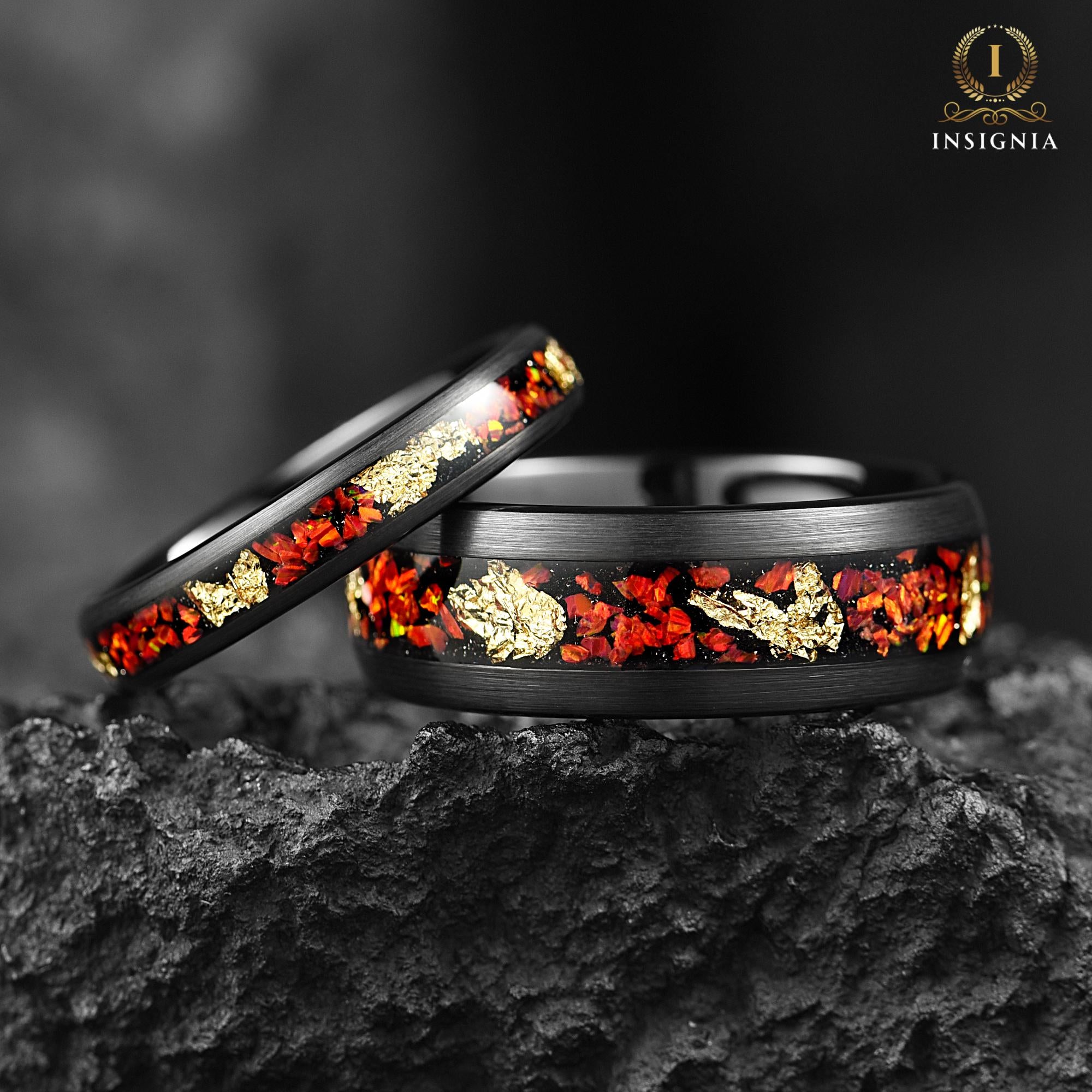 Red Fire Opal & Gold Leaf Dome Ring 4mm for Women-  Unique Wedding Band - Engagement / Promise Ring For Her - Anniversary Gift - INSIGNIA