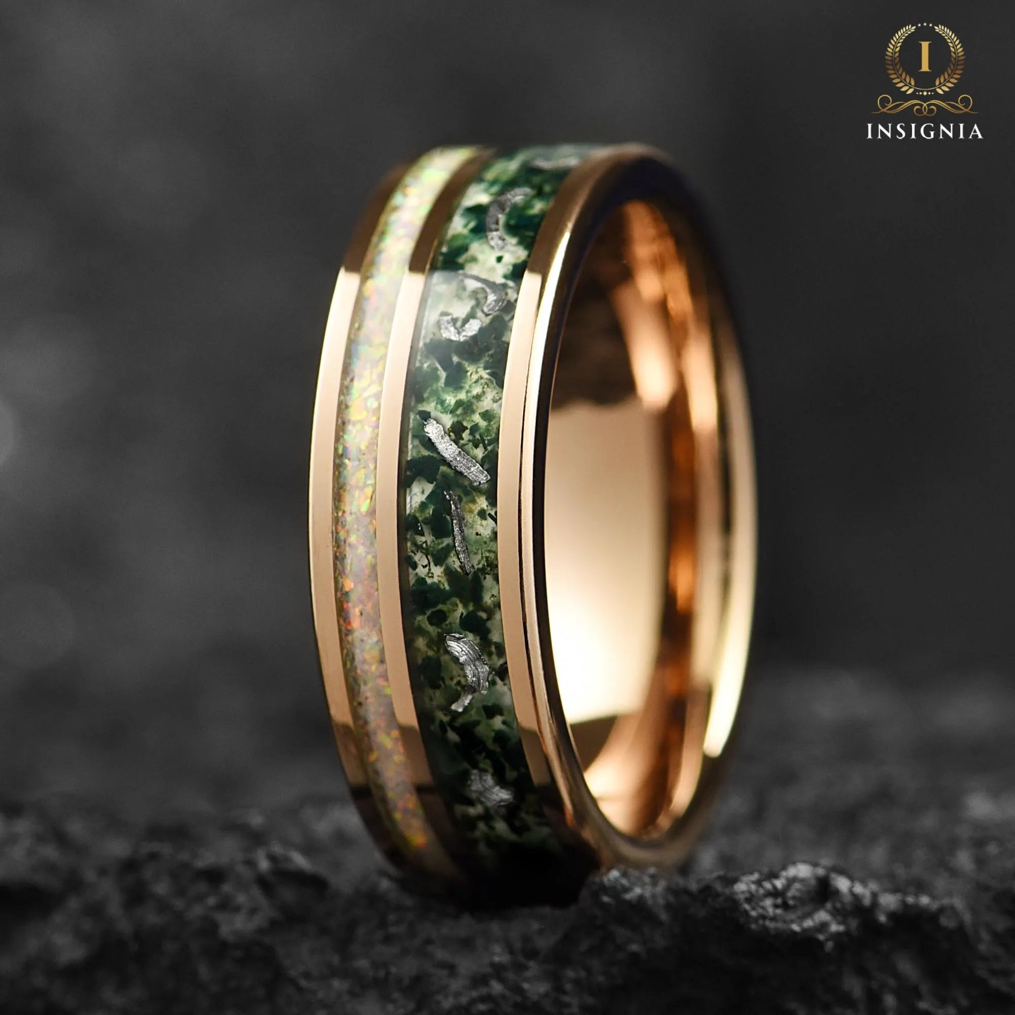 Moss Agate Meteorite & White Fire Opal Ring 8mm/ 6mm Rose Gold - Tungsten Mens Wedding Band Unique - Promise/Engagement Ring for Him, Nature ring - INSIGNIA