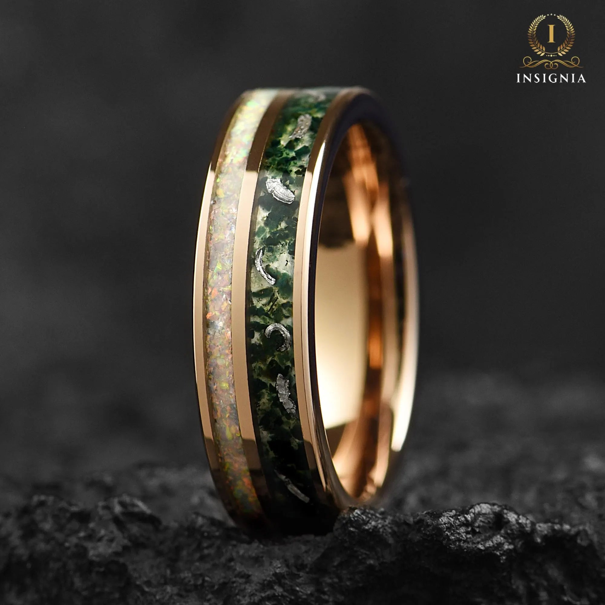 Moss Agate Meteorite & White Fire Opal Ring 6mm Rose Gold - Tungsten Women/Mens Wedding Band Unique - Nature Inspired Promise Ring for Him - INSIGNIA