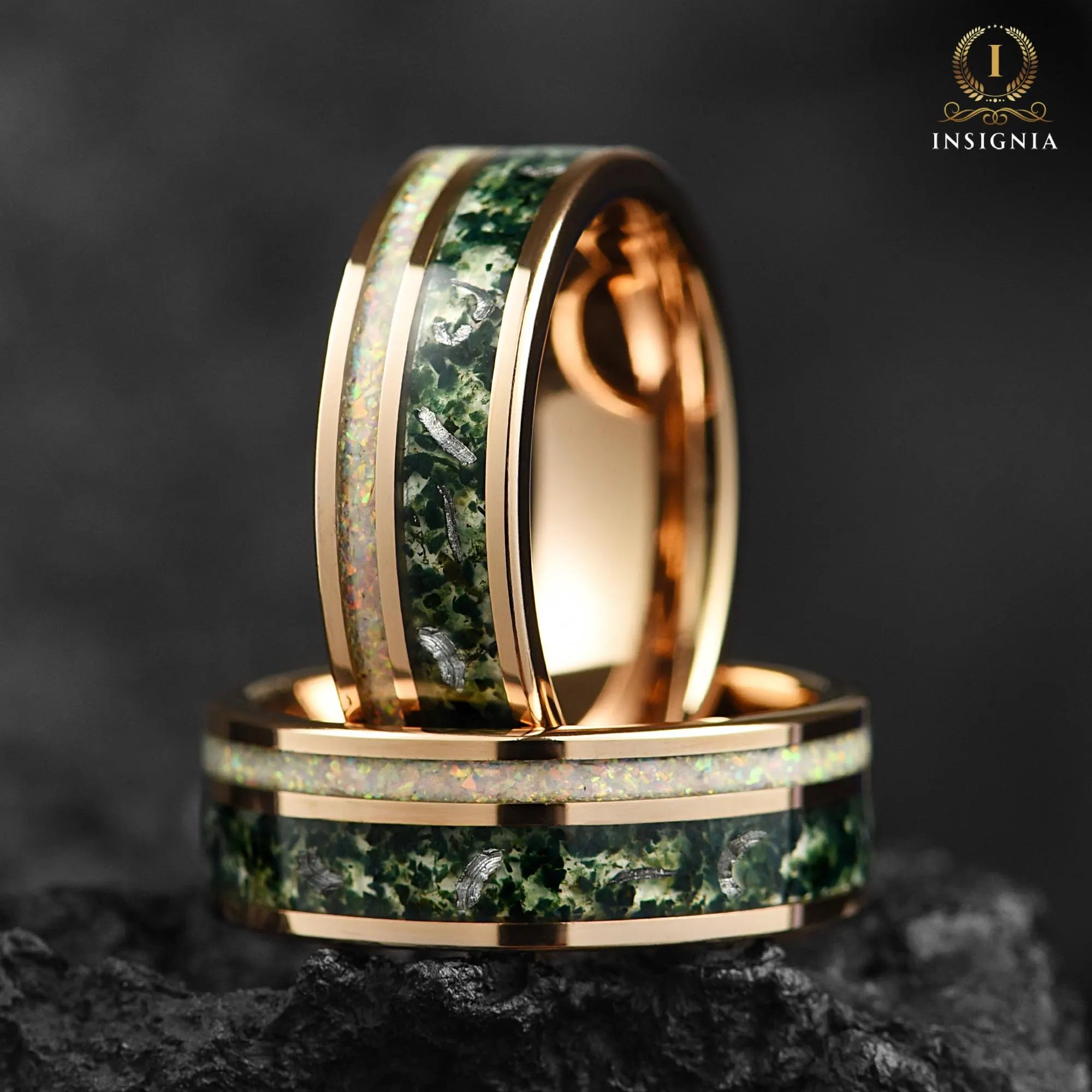 Moss Agate Meteorite & White Fire Opal Ring 6mm Rose Gold - Tungsten Women/Mens Wedding Band Unique - Nature Inspired Promise Ring for Him - INSIGNIA