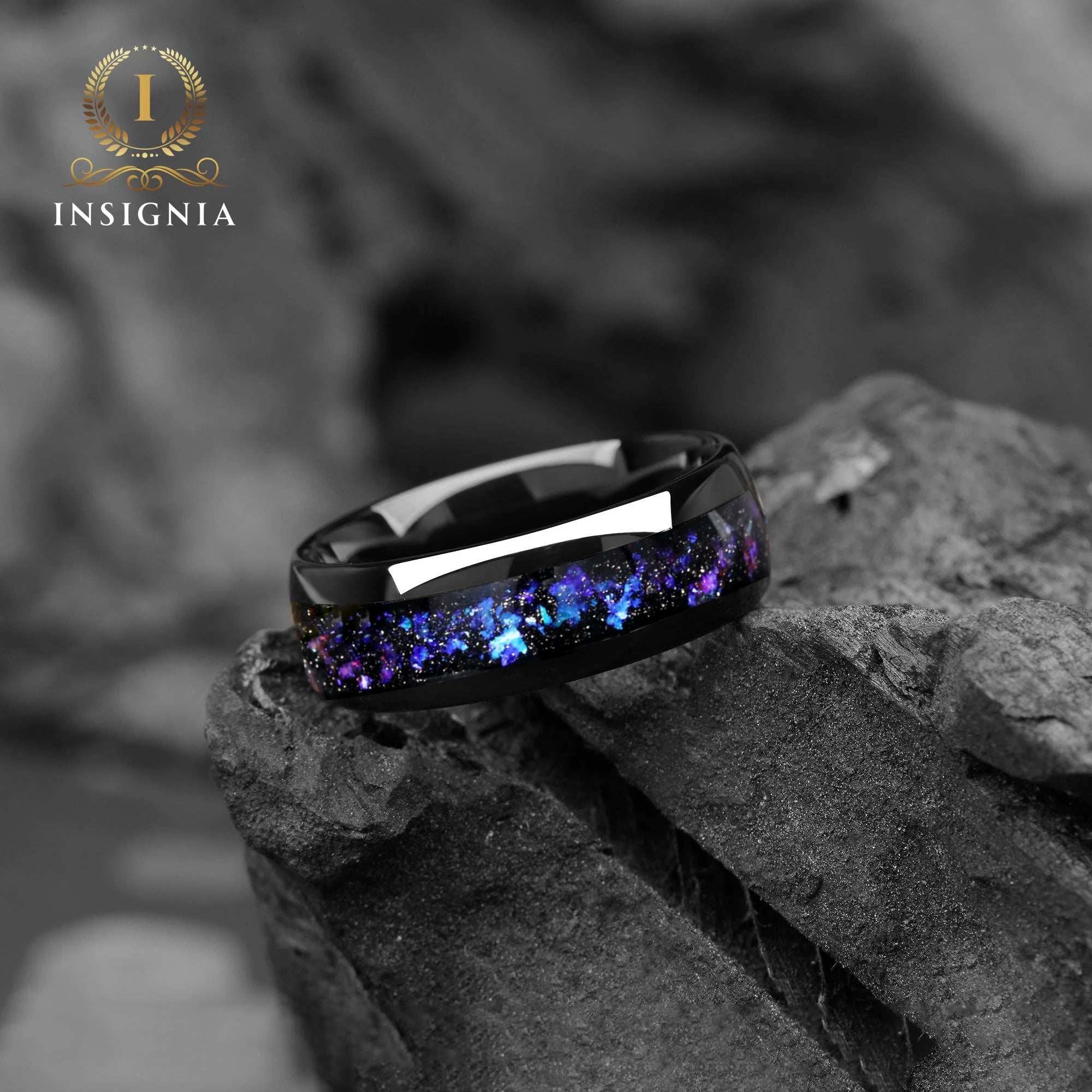 Galaxy Space Nebula His and Hers Couple Wedding Bands 4/ 8 mm - Tungsten Blue Sandstone Promise Rings for Couples - Dome Matching Ring Set - INSIGNIA