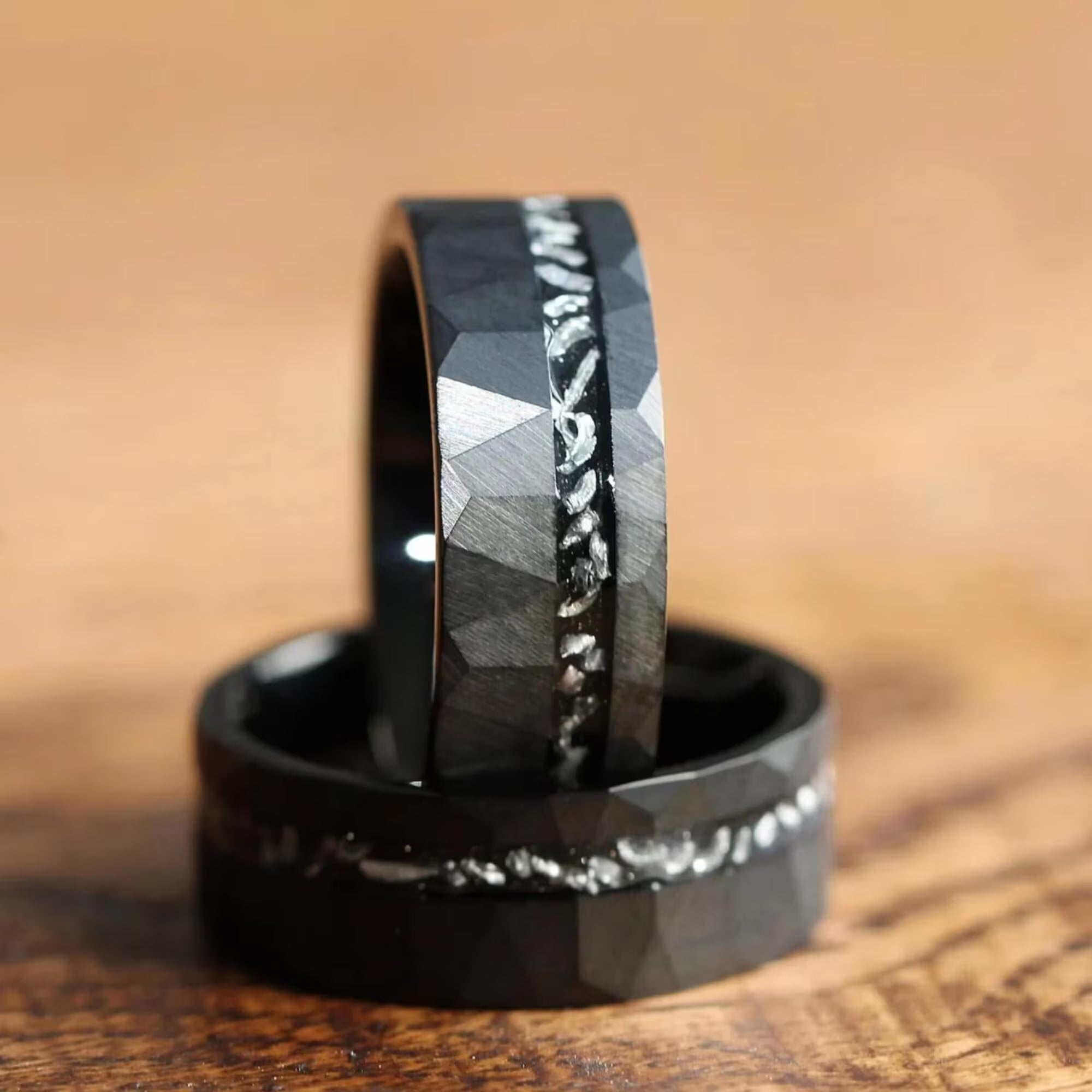 Meteorite Hammered Wedding Ring For Men & Women - Black  8/6mm  - Promise Ring for Him - Mens & Women Hammered Wedding Band Unique - INSIGNIA