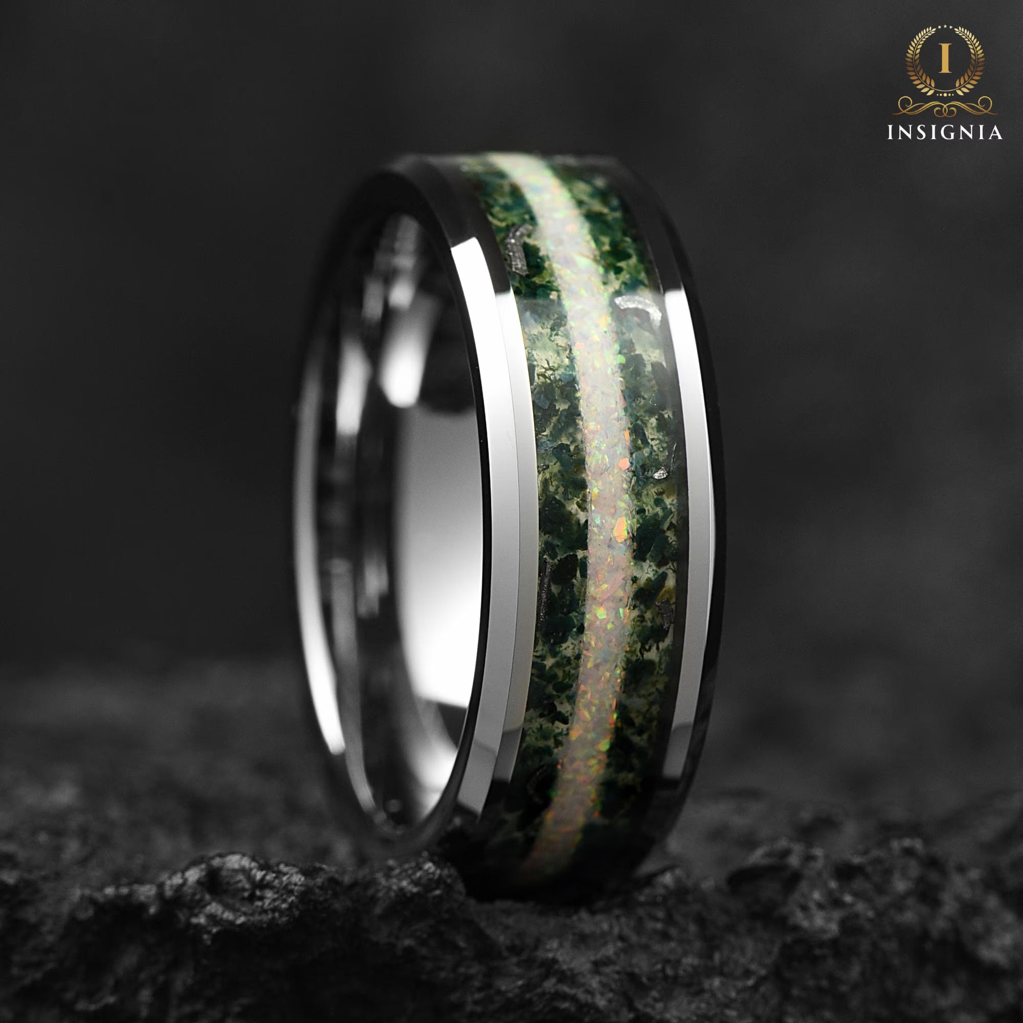 Moss Agate Meteorite & White Fire Opal Ring 8mm Silver - Tungsten Mens Wedding Band Unique - Nature Inspired Promise/Engagement Ring for Him - INSIGNIA