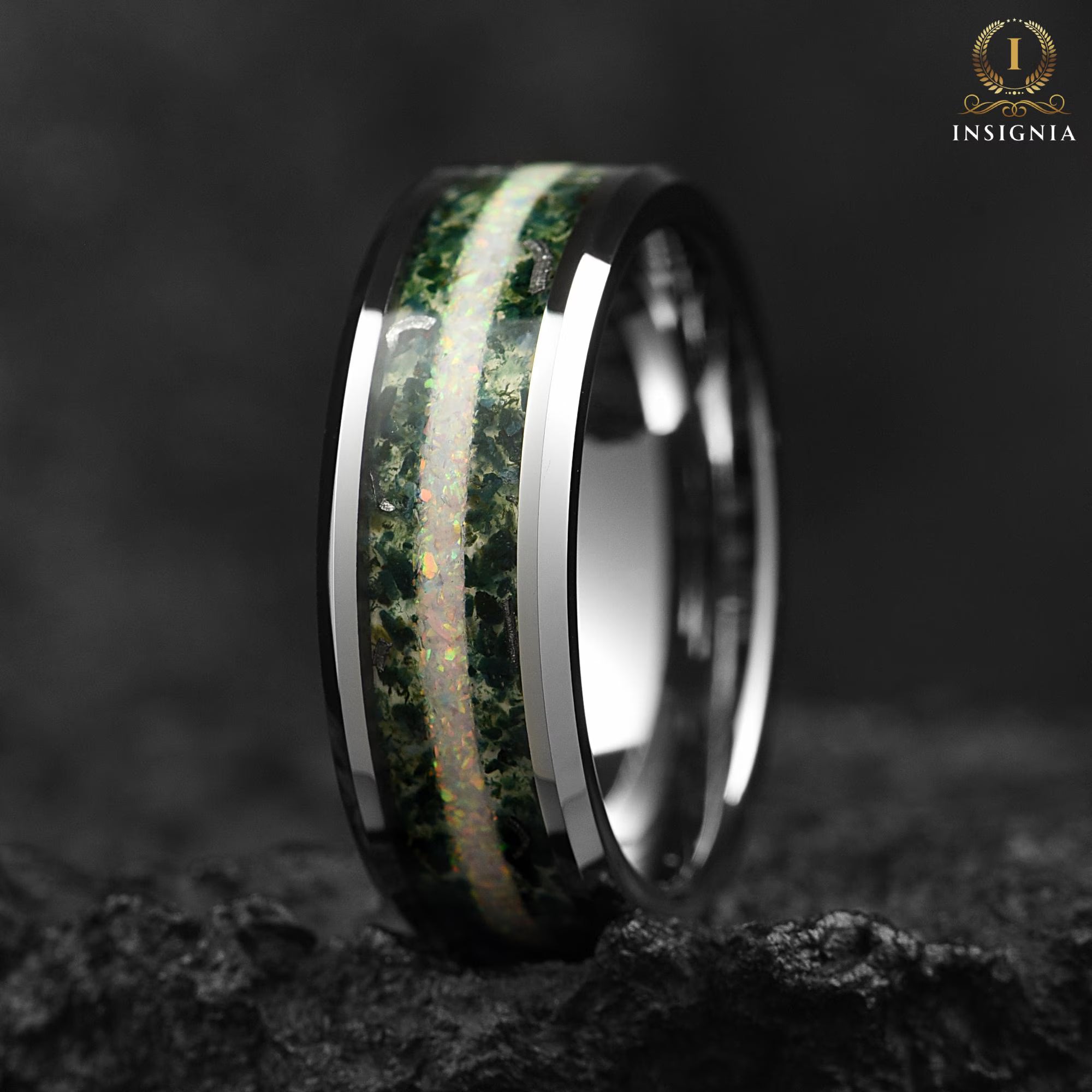 Moss Agate Meteorite & White Fire Opal Ring 8mm Silver - Tungsten Mens Wedding Band Unique - Nature Inspired Promise/Engagement Ring for Him - INSIGNIA