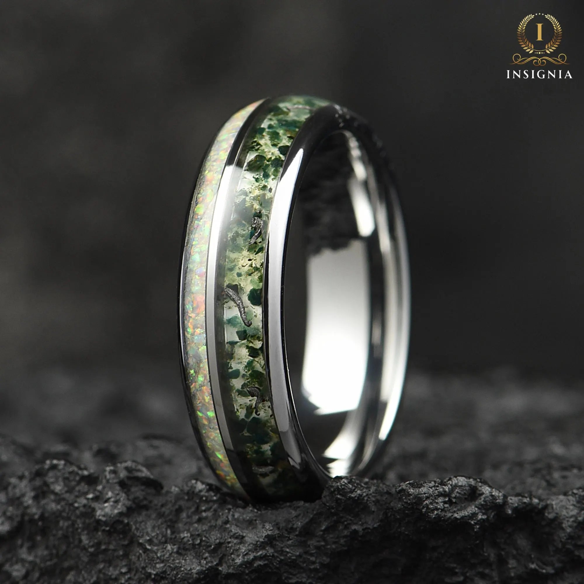 Moss Agate Meteorite & Opal, His and Hers Couple Wedding Rings Silver 6/8 mm - Tungsten Promise/Engagement Rings for Couples -Dome Bands Set - INSIGNIA