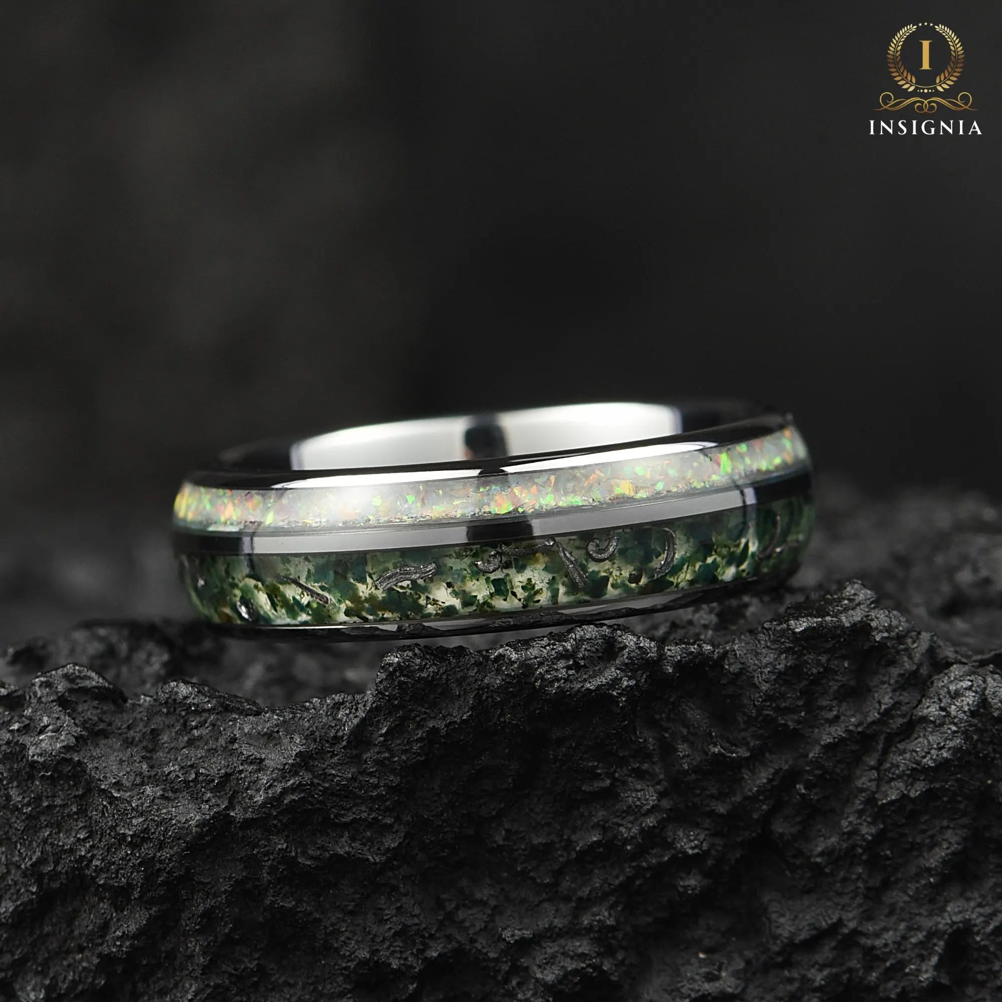 Moss Agate Meteorite & Opal, His and Hers Couple Wedding Rings Silver 6/8 mm - Tungsten Promise/Engagement Rings for Couples -Dome Bands Set - INSIGNIA