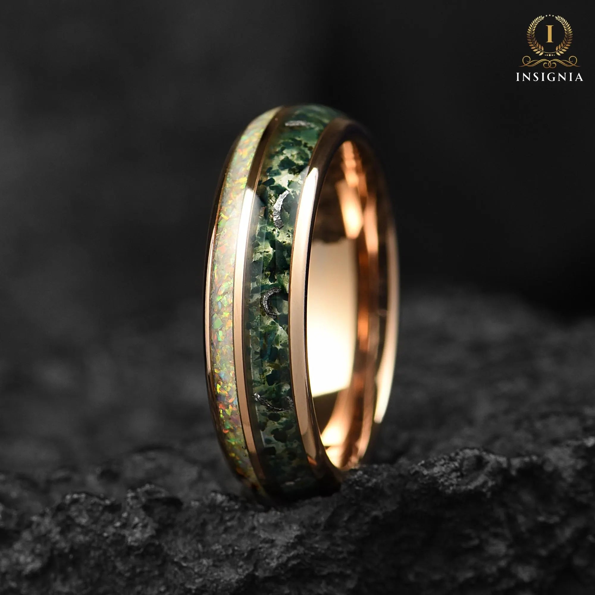 Moss Agate Meteorite & White Fire Opal Ring 6mm Rose Gold - Tungsten Women/Mens Wedding Band Unique - Nature Inspired Promise Ring for Him - INSIGNIA