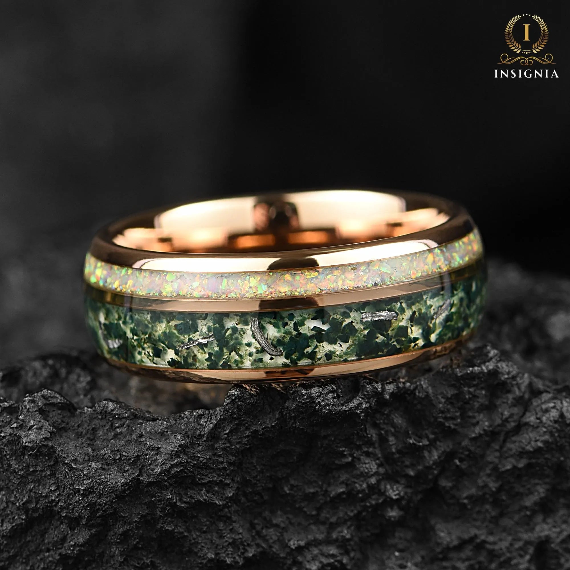 Moss Agate Meteorite & White Fire Opal Ring 8mm/6mm  Rose Gold - Tungsten Mens Wedding Band Unique - Promise/Engagement Ring for Him -Nature ring - INSIGNIA