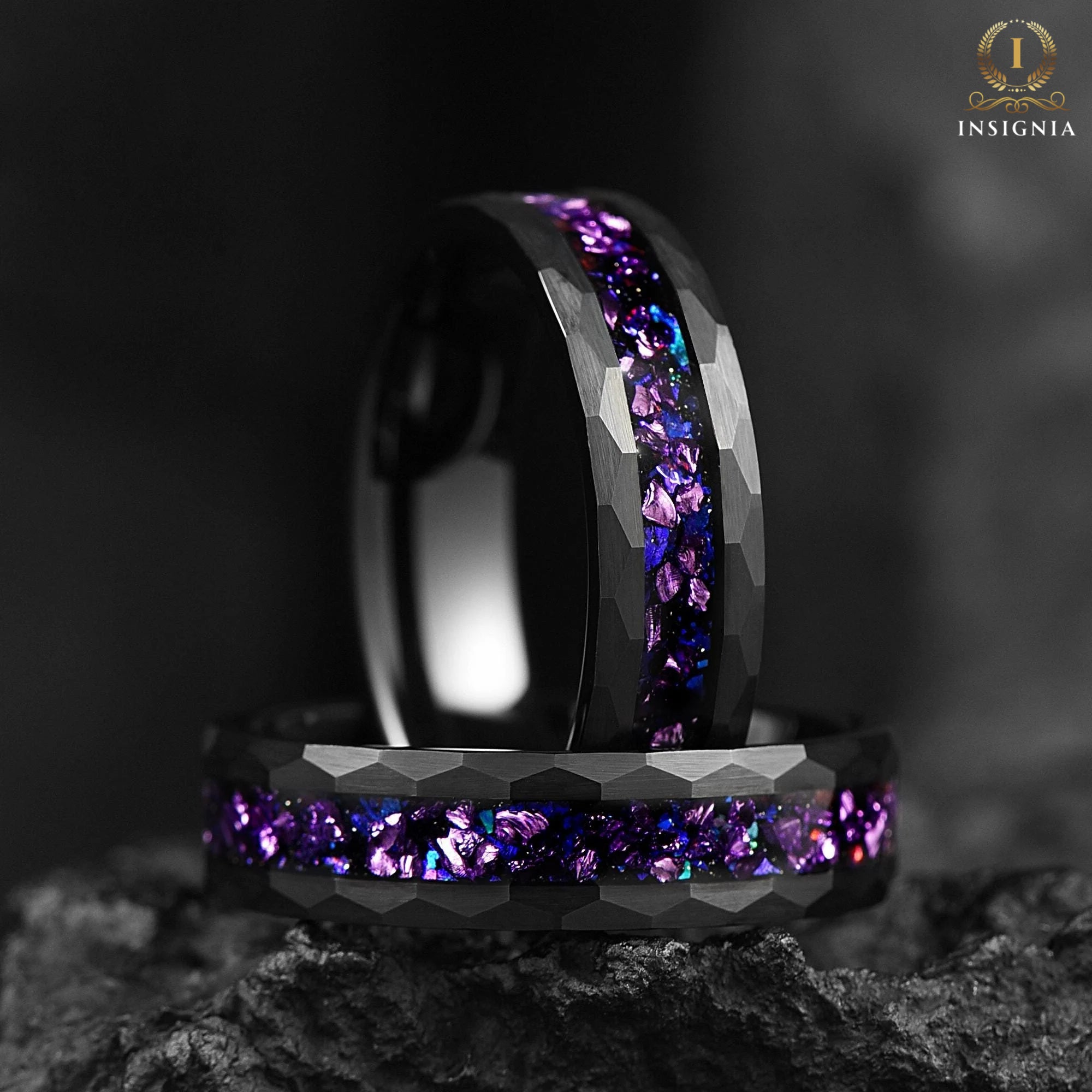 Galaxy Alexandrite Hammered Ring 6mm - Mens Wedding Band Unique - Tungsten Engagement/ Promise Ring For Him/ Her - Birthday/ Anniversary Gift - INSIGNIA