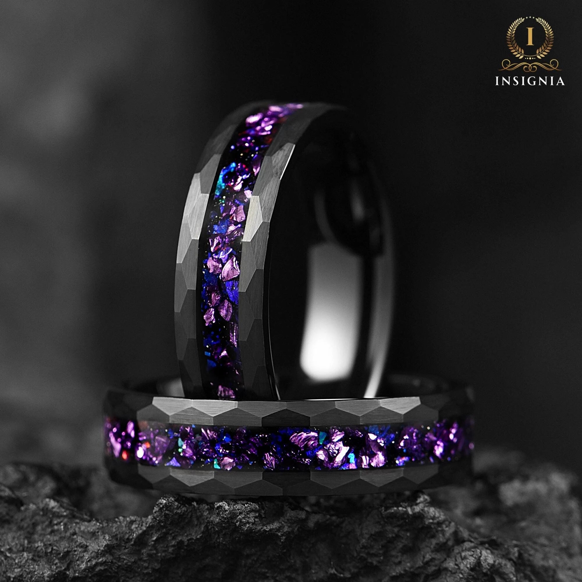 Galaxy Alexandrite Hammered Ring 6mm - Mens Wedding Band Unique - Tungsten Engagement/ Promise Ring For Him/ Her - Birthday/ Anniversary Gift - INSIGNIA