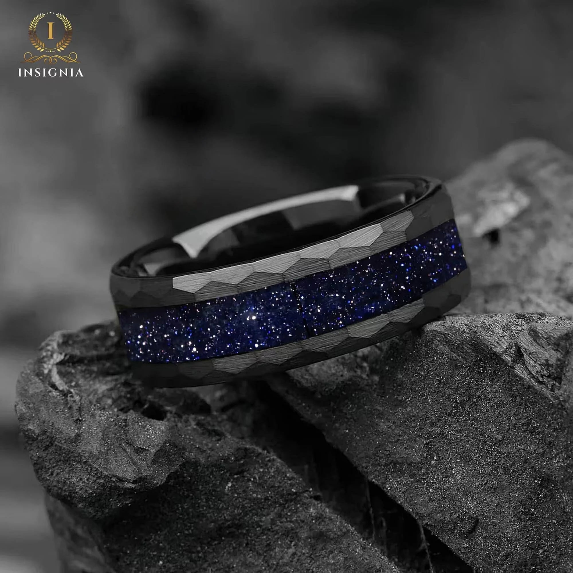 Galaxy Space Nebula Hammered Tungsten Wedding Band 6/8 mm - Blue Sandstone Mens Engagement / Promise Ring for Him /Her - Women & Mens Band Unique - INSIGNIA