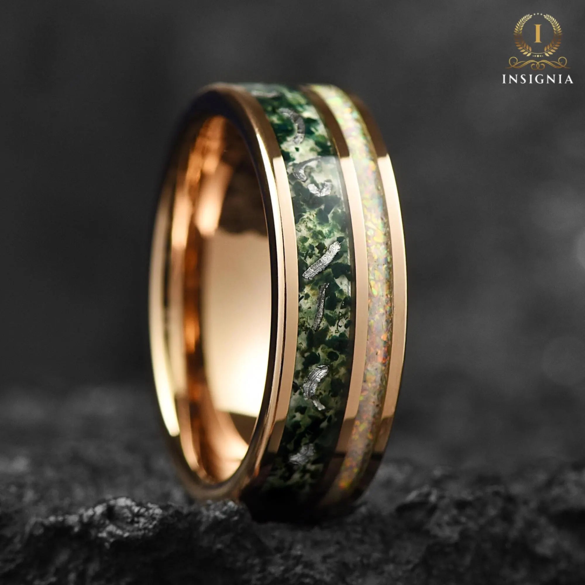 Moss Agate Meteorite & Opal His and Hers Couple Wedding Rings 6/8 mm - Tungsten Promise/ Engagement Rings for Couples - Rose Gold Bands Set - INSIGNIA