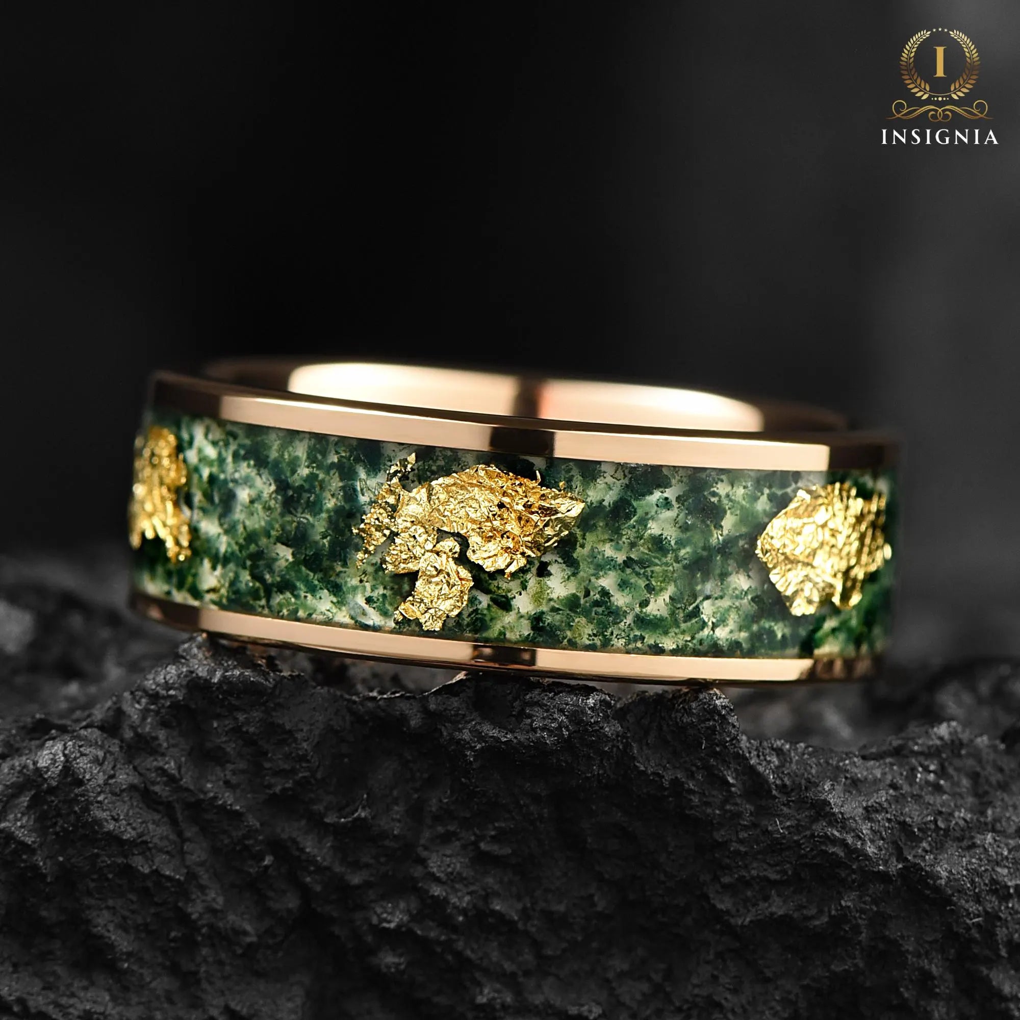 Moss Agate & Gold Leaf Ring Rose Gold 8mm  - Tungsten Mens Wedding Band Unique - Promise/ Engagement Ring for Him, Nature / Forest Ring - INSIGNIA