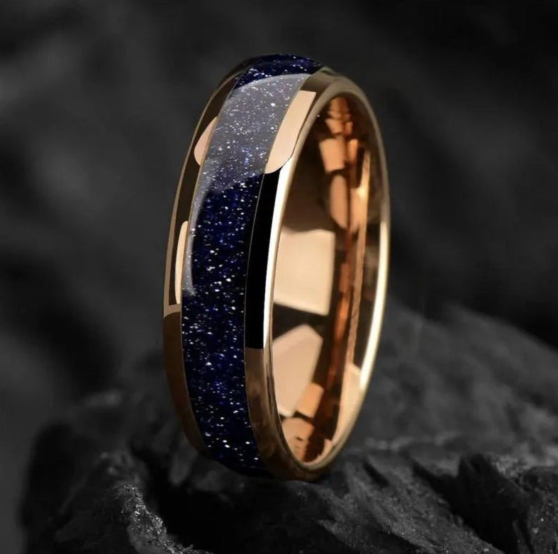 Galaxy Space Nebula Tungsten Wedding Band 6mm - Blue Sandstone Dome Engagement / Promise Ring for Him/Her - INSIGNIA