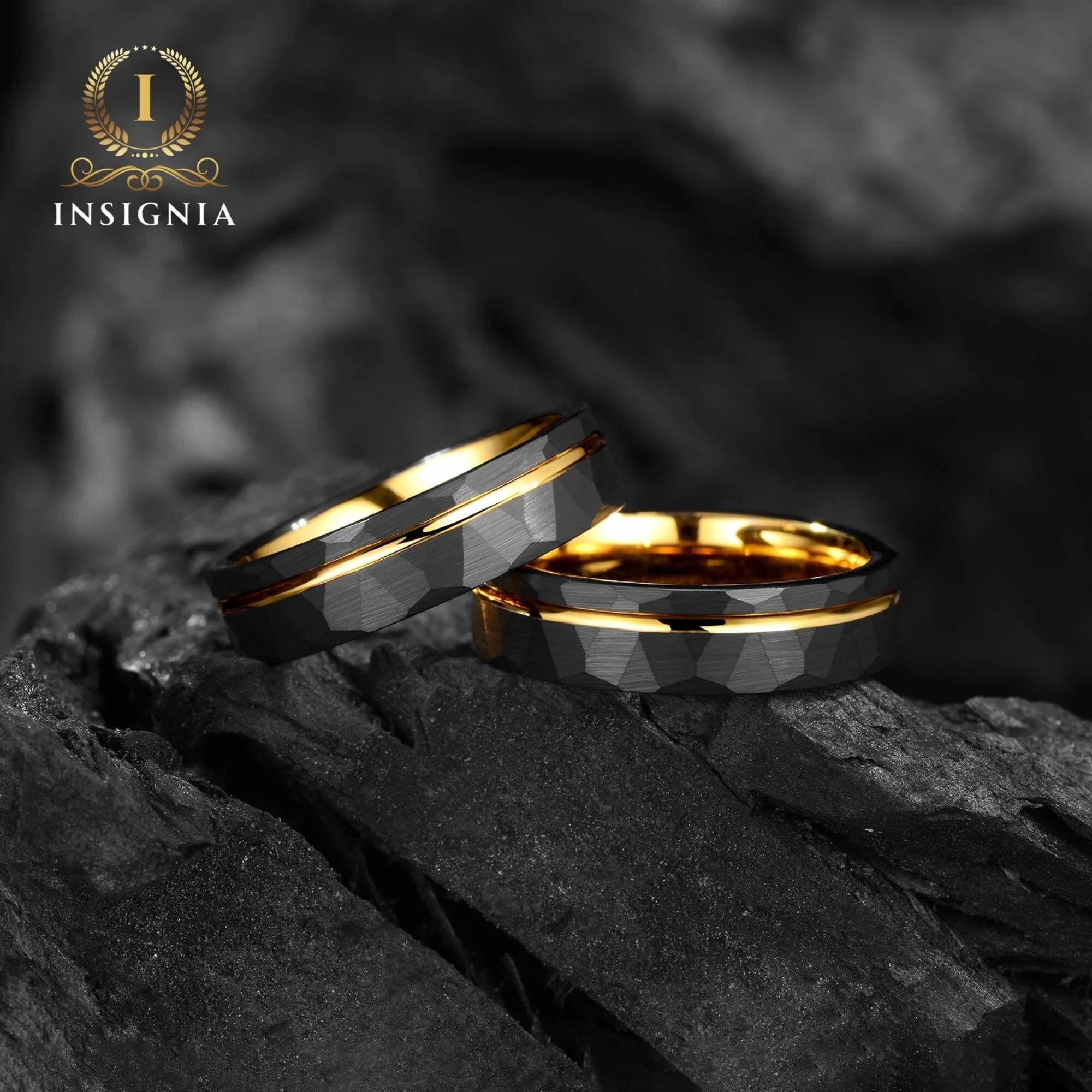 Hammered Yellow Gold & Black Tungsten Ring 6mm - 18K Gold Mens/ Women Wedding Band Unique - Engagement/ Promise Ring for Him - Birthday/ Anniversary Gift - INSIGNIA