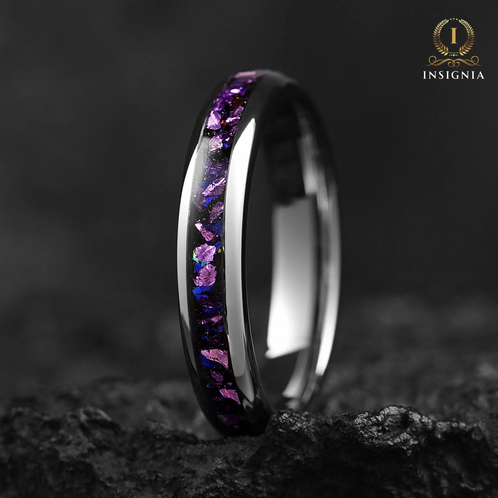 Alexandrite Nebula Dome Ring 4mm -Unique Tungsten Women Wedding Band Silver  - Birthday/ Anniversary gift - Engagement/ Promise Ring for Her - INSIGNIA