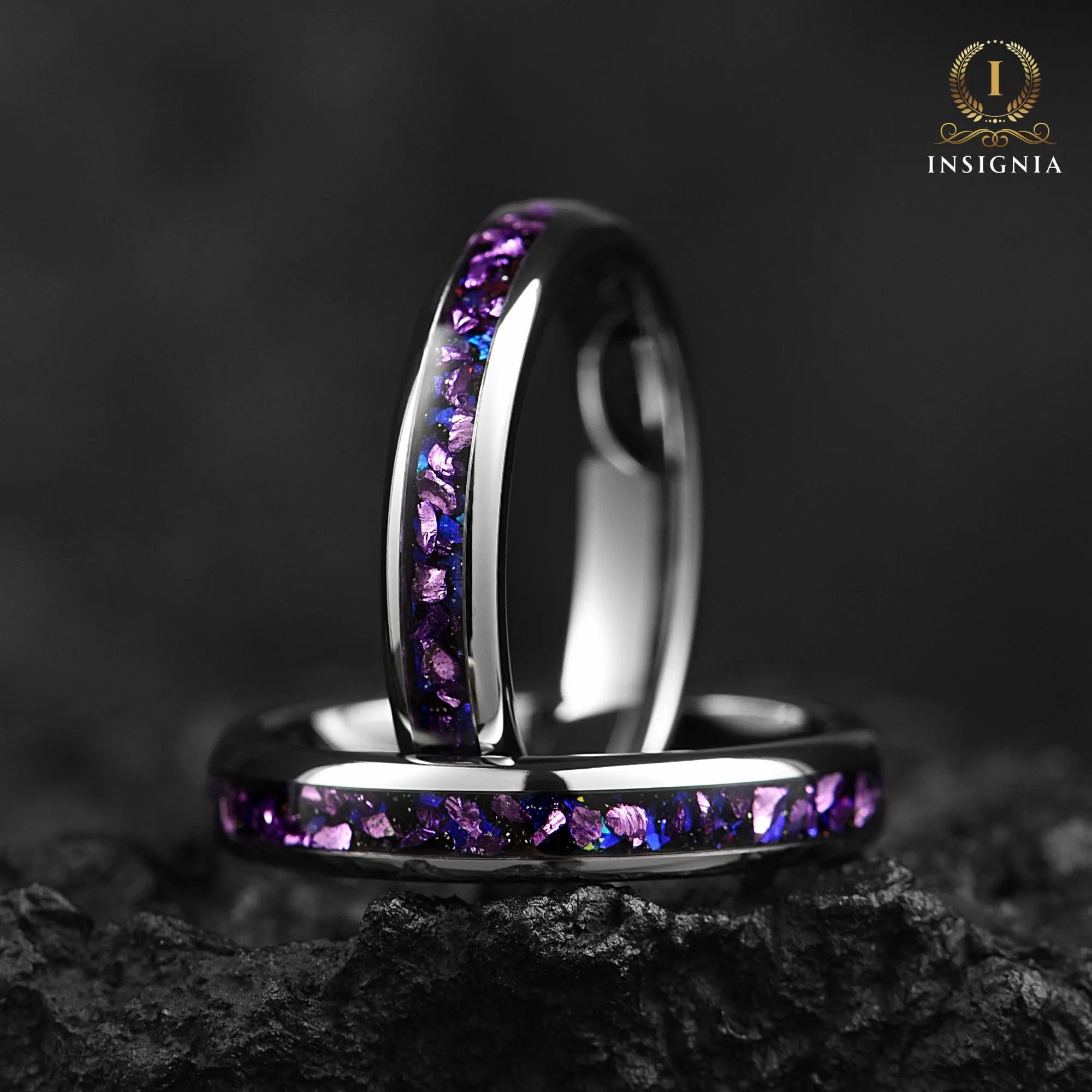 His and Hers Alexandrite & Sandstone Couple Wedding Rings 4/6 mm - Galaxy Promise / Engagement Rings for Couples - Tungsten Unique Band Set - INSIGNIA