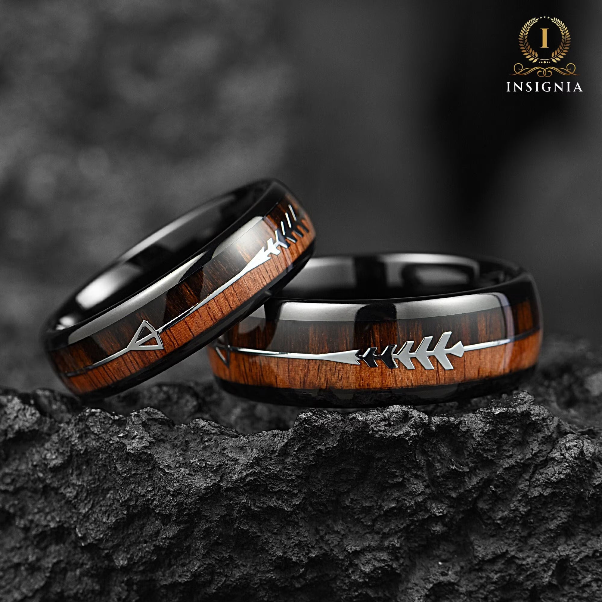 Wooden Whiskey Barrel Wedding Couple Rings Black 6/8 mm- His and Hers Wedding Bands Set -  Promise Ring for Couples - Dome Arrow Wood Rings (Copy) - INSIGNIA