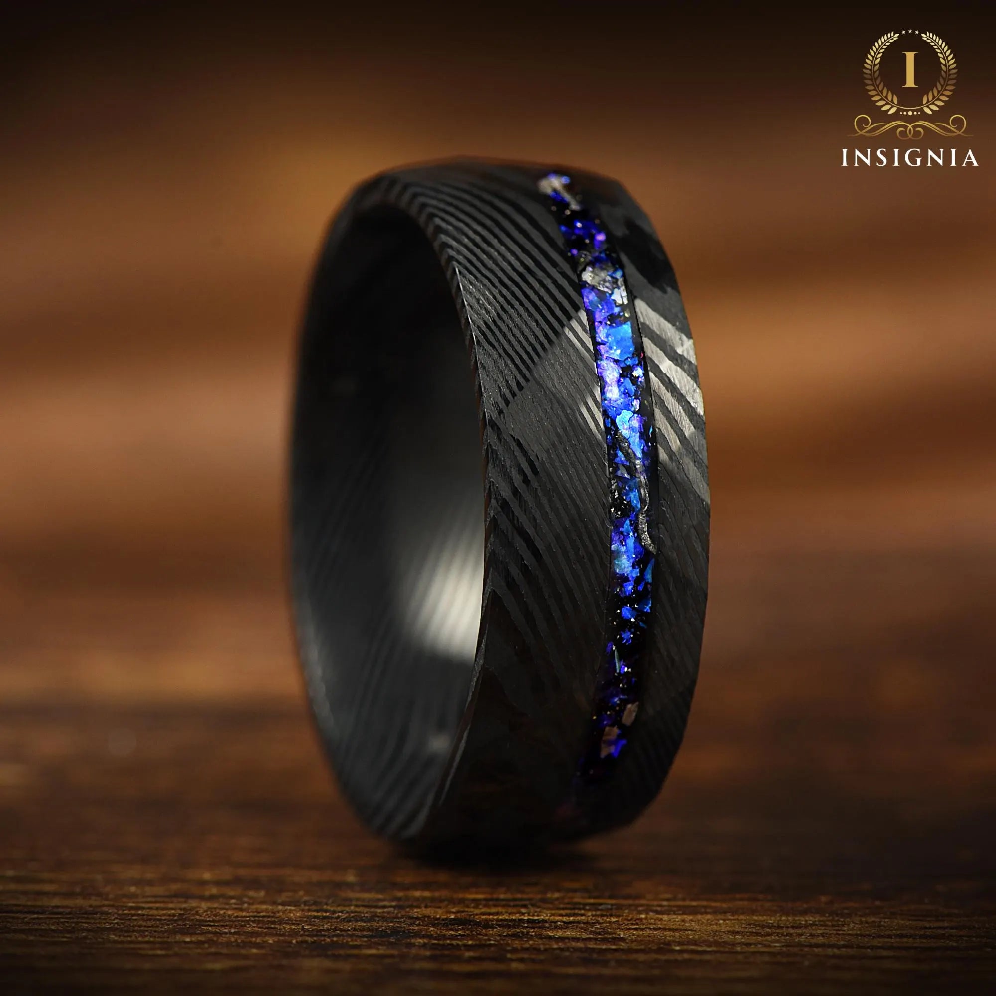 Meteorite & Nebula Damasus Ring - Hammered Mens Wedding Band Unique - Engagement / Promise Ring for Him - Anniversary gift -  Engraved Ring - INSIGNIA