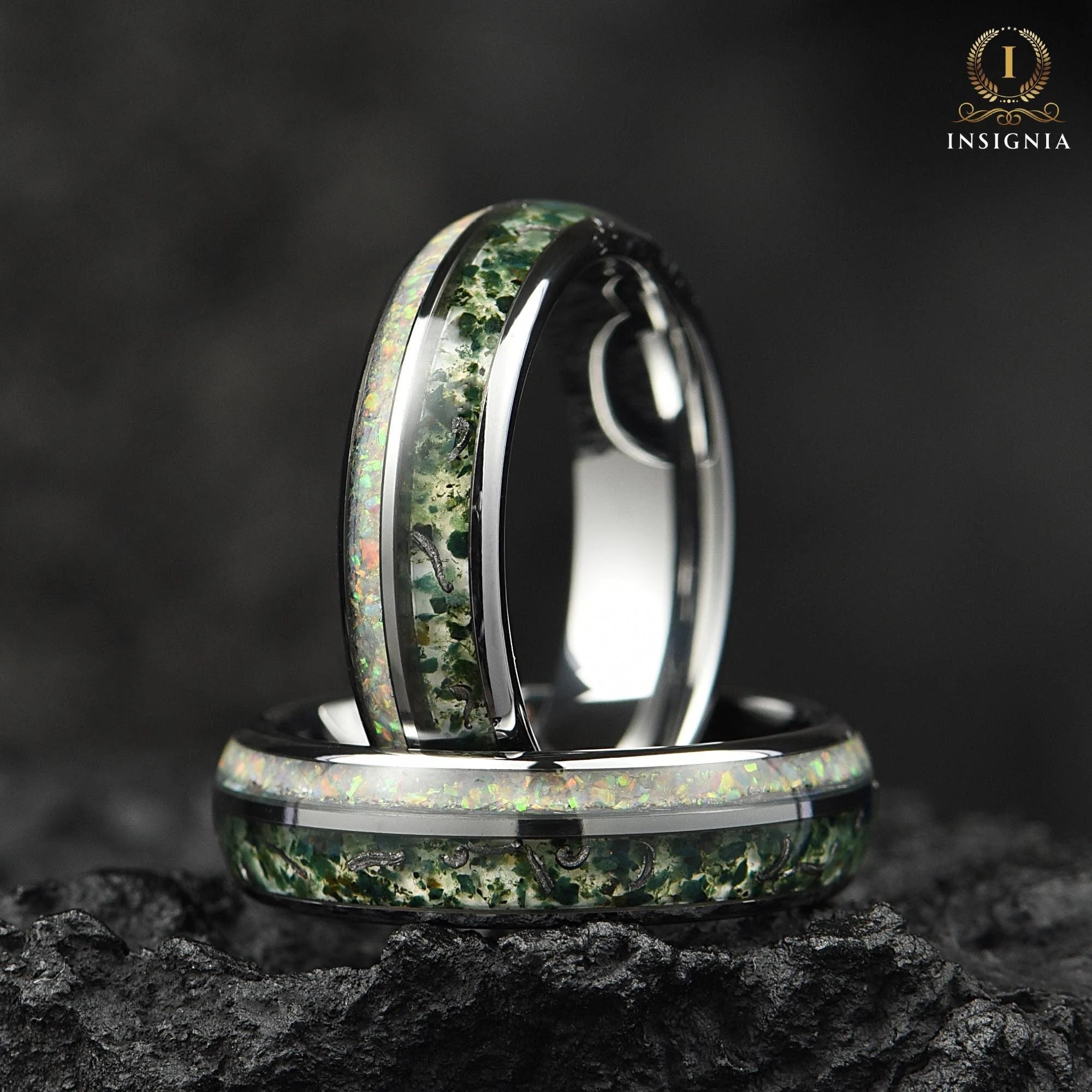 Moss Agate Meteorite & White Fire Opal Ring - 6mm Silver - Tungsten Women/ Mens Wedding Band Unique - Nature Inspired Promise Ring for Him/Her - INSIGNIA