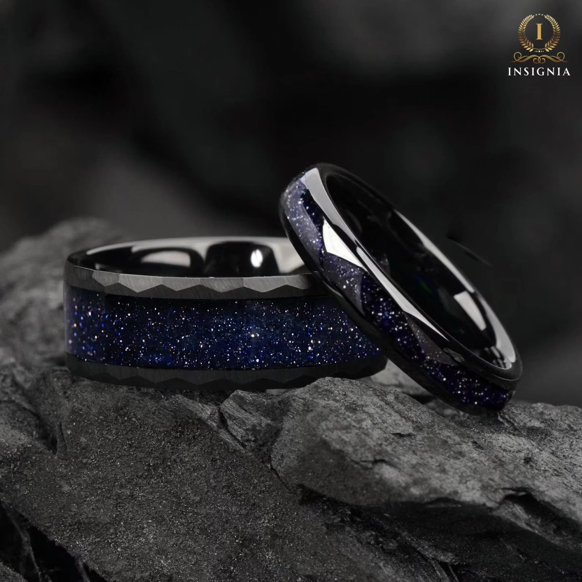 Galaxy Space Nebula His and Hers Couple Wedding Bands 4 & 8 mm - Tungsten Hammered Sandstone Promise Rings for Couples - Matching Ring Set - INSIGNIA