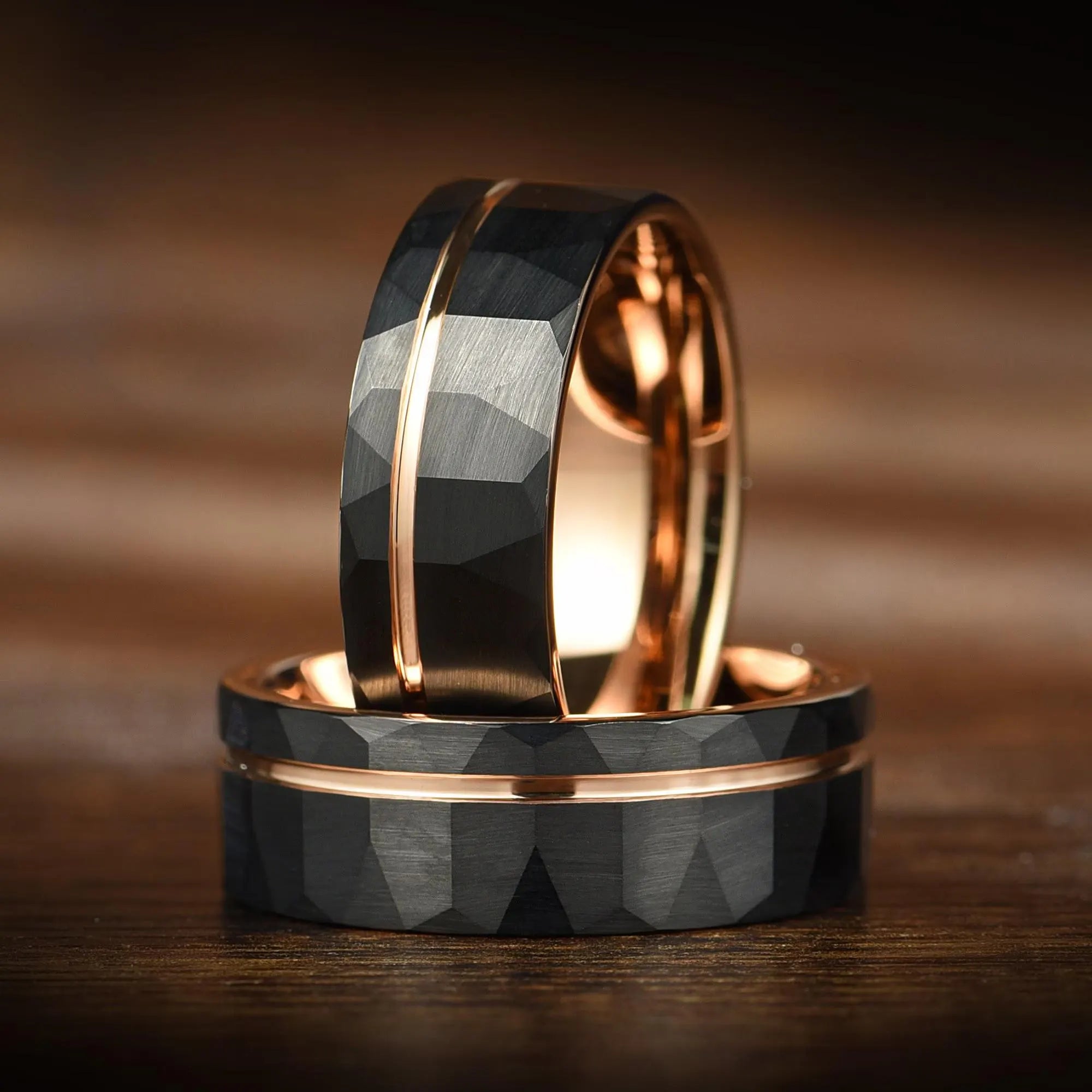 Hammered Rose Gold & Black Wedding Ring 8/6mm - Two Tone Tungsten Carbide, Mens Wedding Band Unique - Engagement /Simple Promise Ring for Him - INSIGNIA