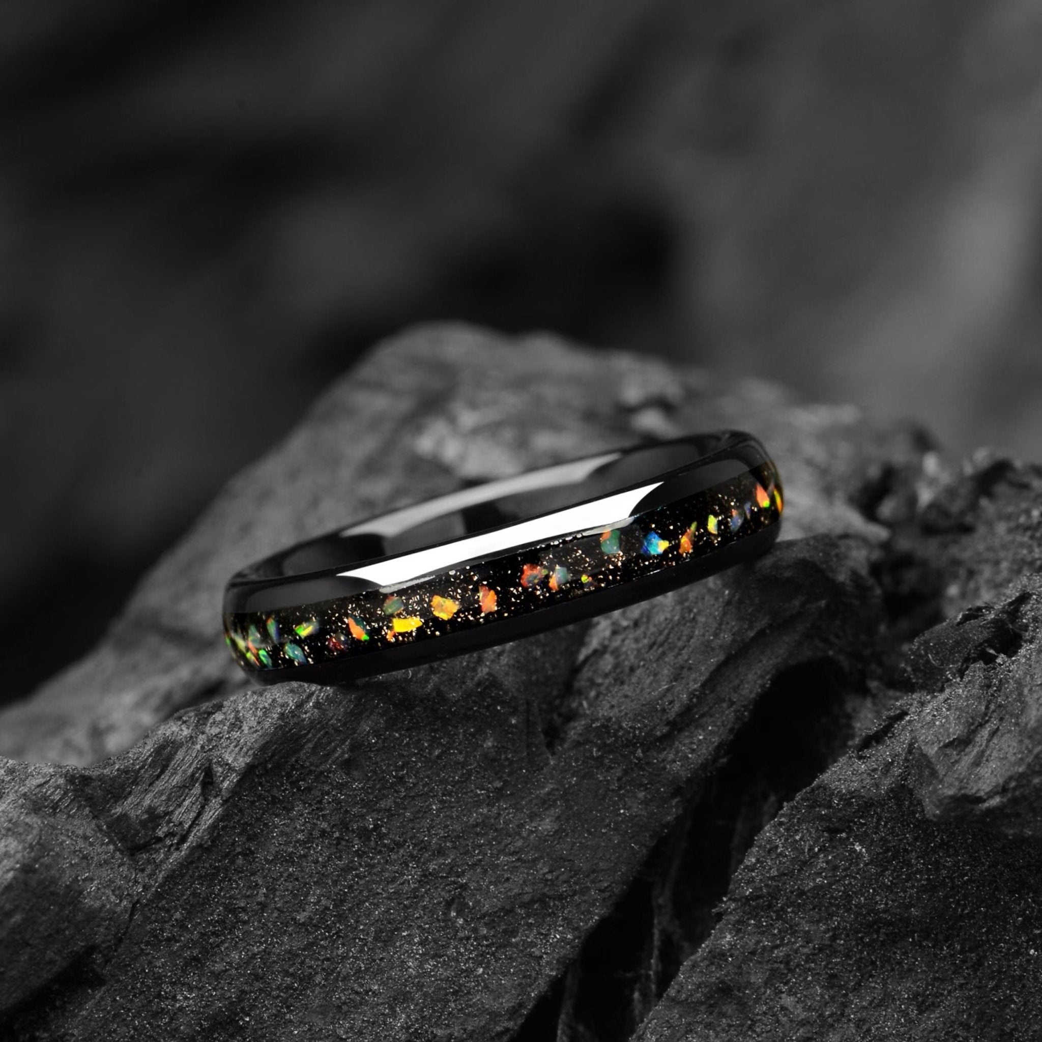 Galaxy Fire Opal Tungsten Wedding Ring Black - 8/4 mm - Outer Space Ring Mens - Promise Ring for Him - Men Solid Opal Wedding Band - INSIGNIA