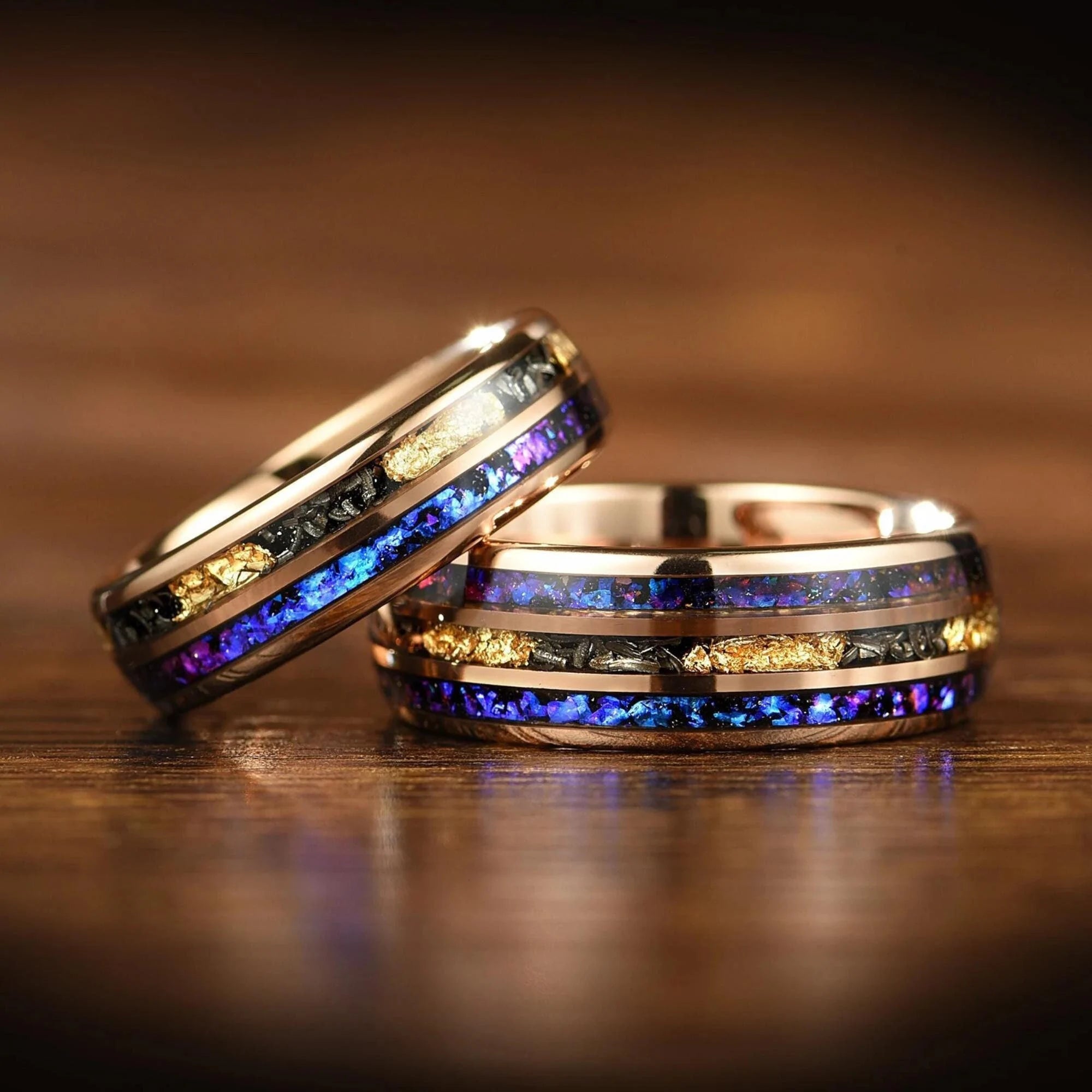 Galaxy Meteorite, Sandstone & Gold Leaf His and Hers Couple Wedding Rings 6/ 8mm  - Promise Rings for Couples -Tungsten Couple Wedding bands - INSIGNIA