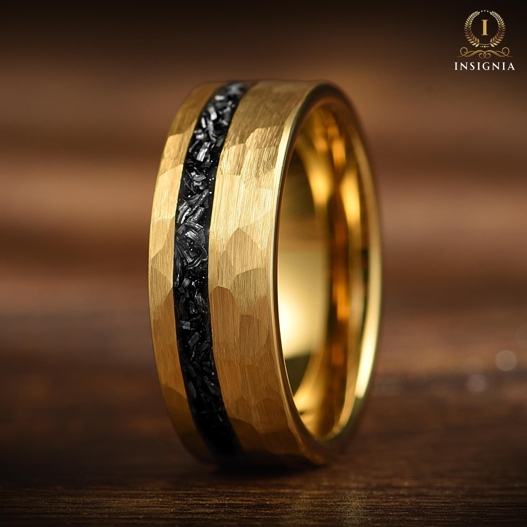 Meteorite Hammered Gold Ring - 18K Yellow Gold Wedding Band Unique - Tungsten Mens Engagement Ring - Promise Ring for Him - Anniversary Gift - INSIGNIA