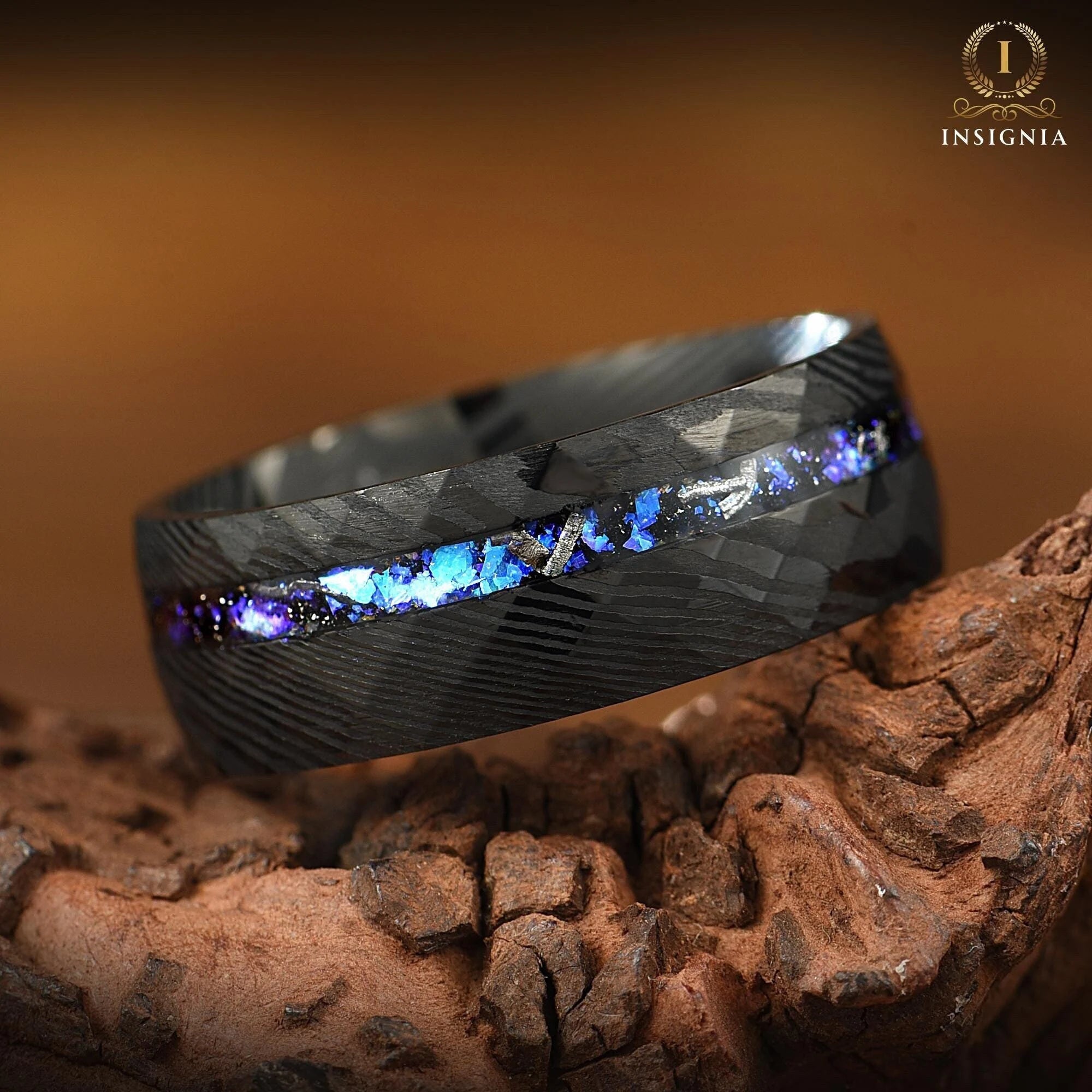 Meteorite & Nebula Damasus Ring - Hammered Mens Wedding Band Unique - Engagement / Promise Ring for Him - Anniversary gift -  Engraved Ring - INSIGNIA