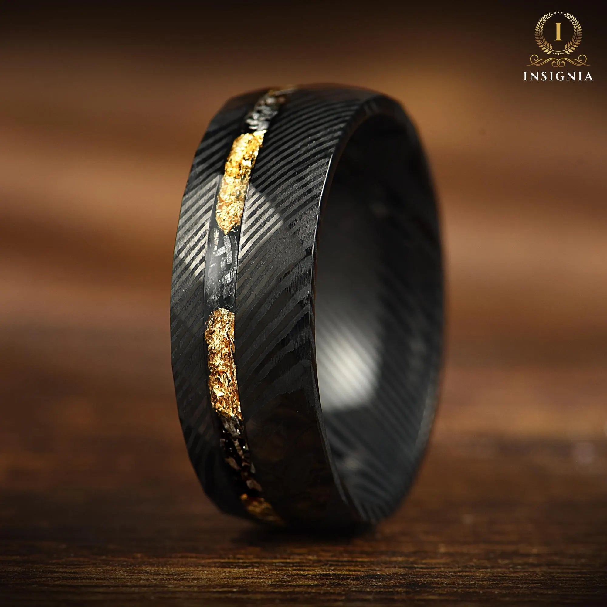 Meteorite Damascus Hammered Ring with Gold leaf - Mens Wedding Band Unique - Engagement/ Promise Ring for Him - Birthday / Anniversary gift - Custom Engraved - INSIGNIA