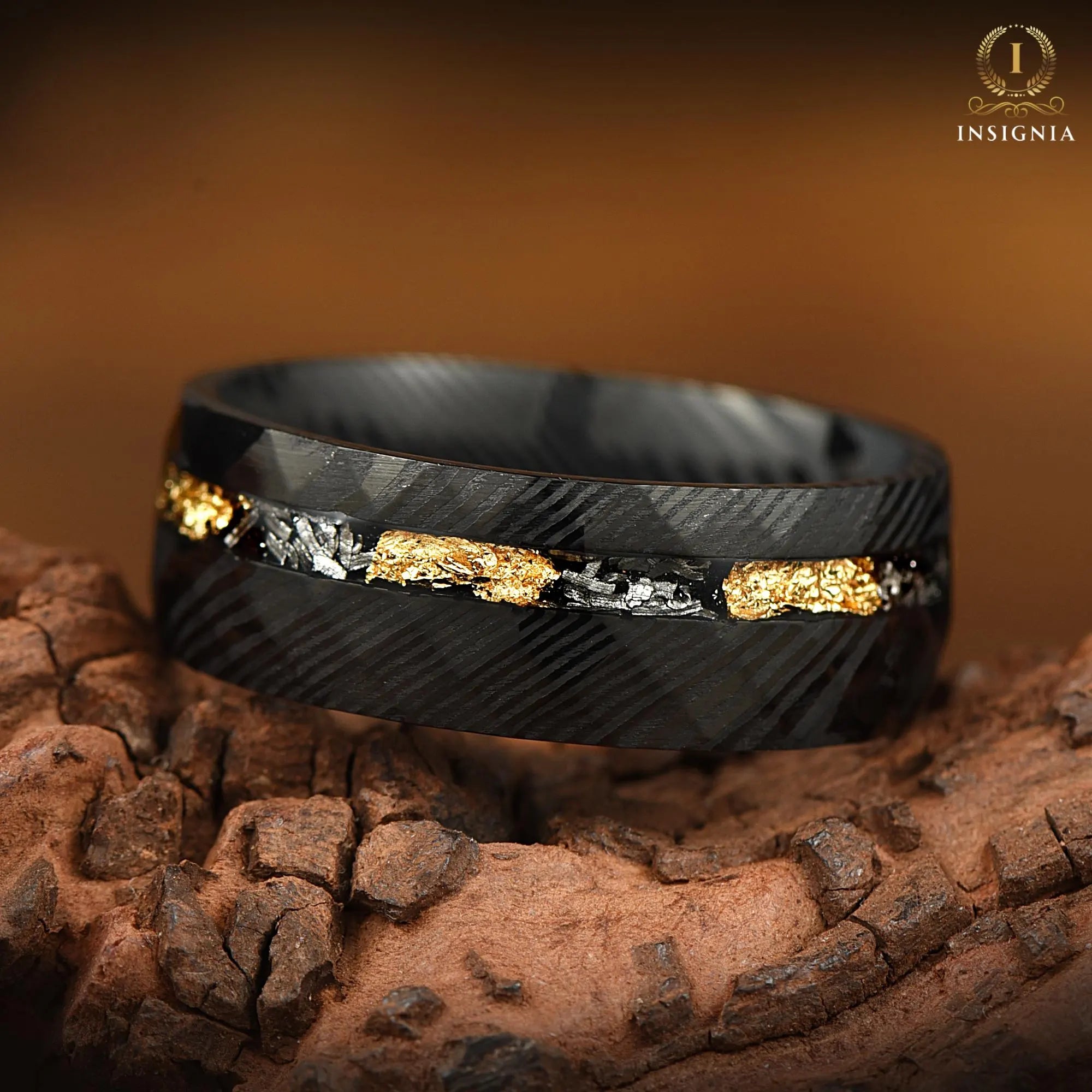 Meteorite Damascus Hammered Ring with Gold leaf - Mens Wedding Band Unique - Engagement/ Promise Ring for Him - Birthday / Anniversary gift - Custom Engraved - INSIGNIA