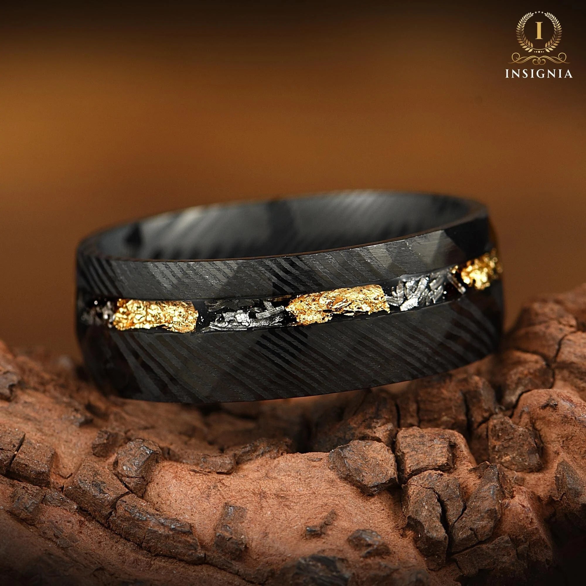 Meteorite Damascus Hammered Ring with Gold leaf - Mens Wedding Band Unique - Engagement/ Promise Ring for Him - Birthday / Anniversary gift - Custom Engraved - INSIGNIA