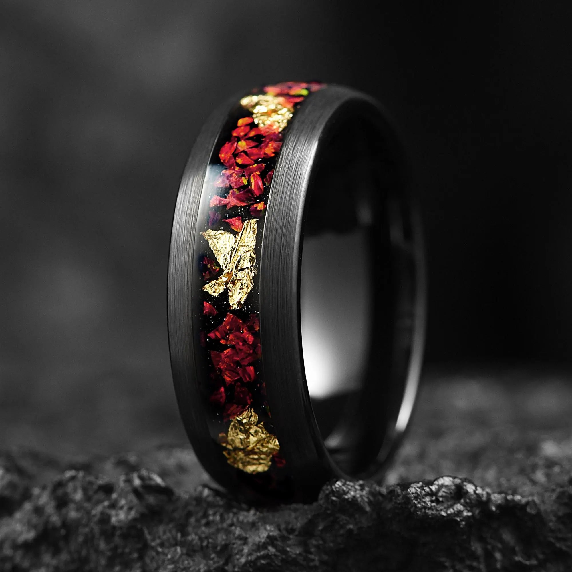 Red Fire Opal & Gold Leaf Dome Ring 8mm - Mens Unique Wedding Band - Engagement / Promise Ring For Him - Anniversary Gift - INSIGNIA