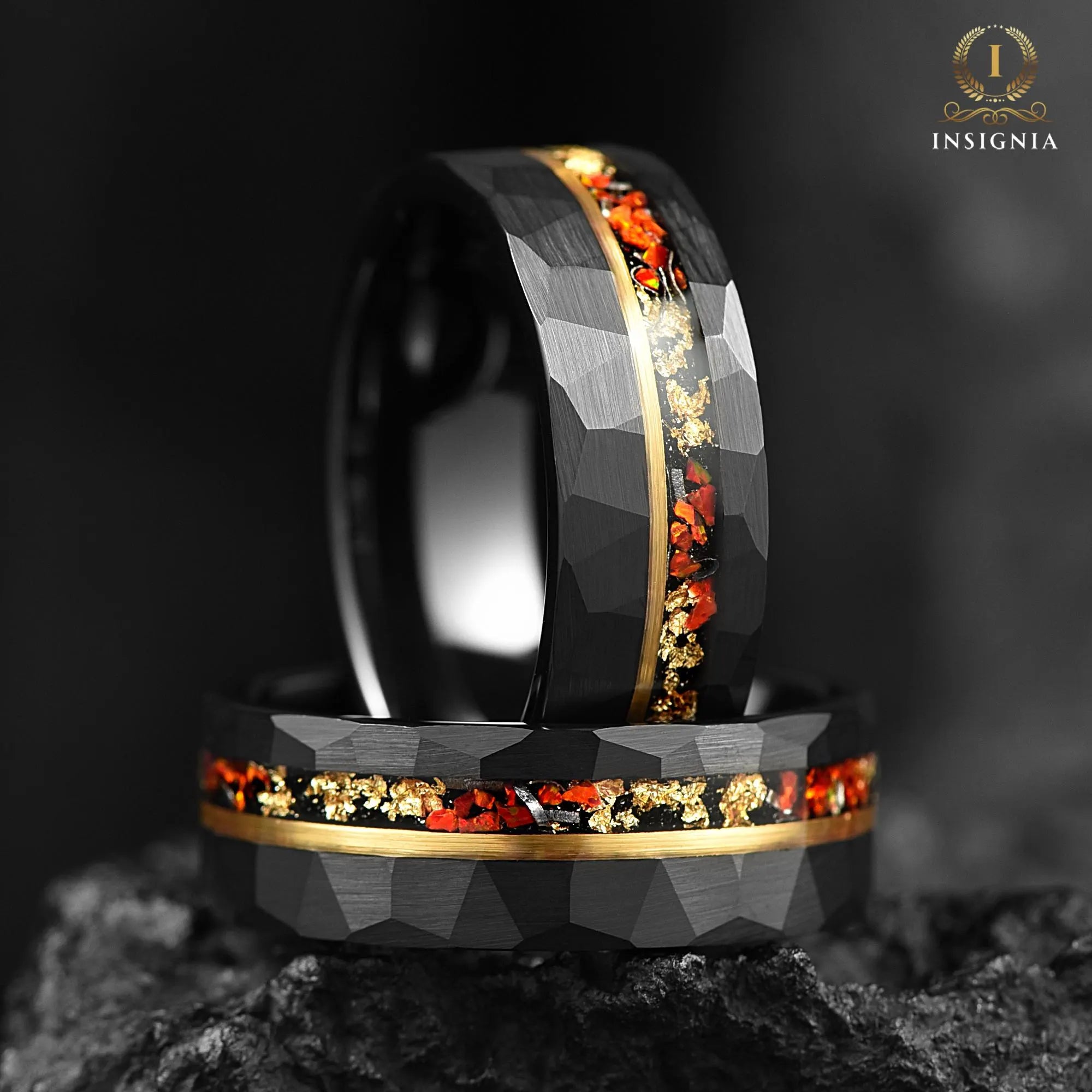 Meteorite, Red Fire Opal & Gold Leaf Hammered Ring 8mm - Faceted Mens Unique Wedding Band - Engagement/Promise Ring For Him Anniversary Gift - INSIGNIA