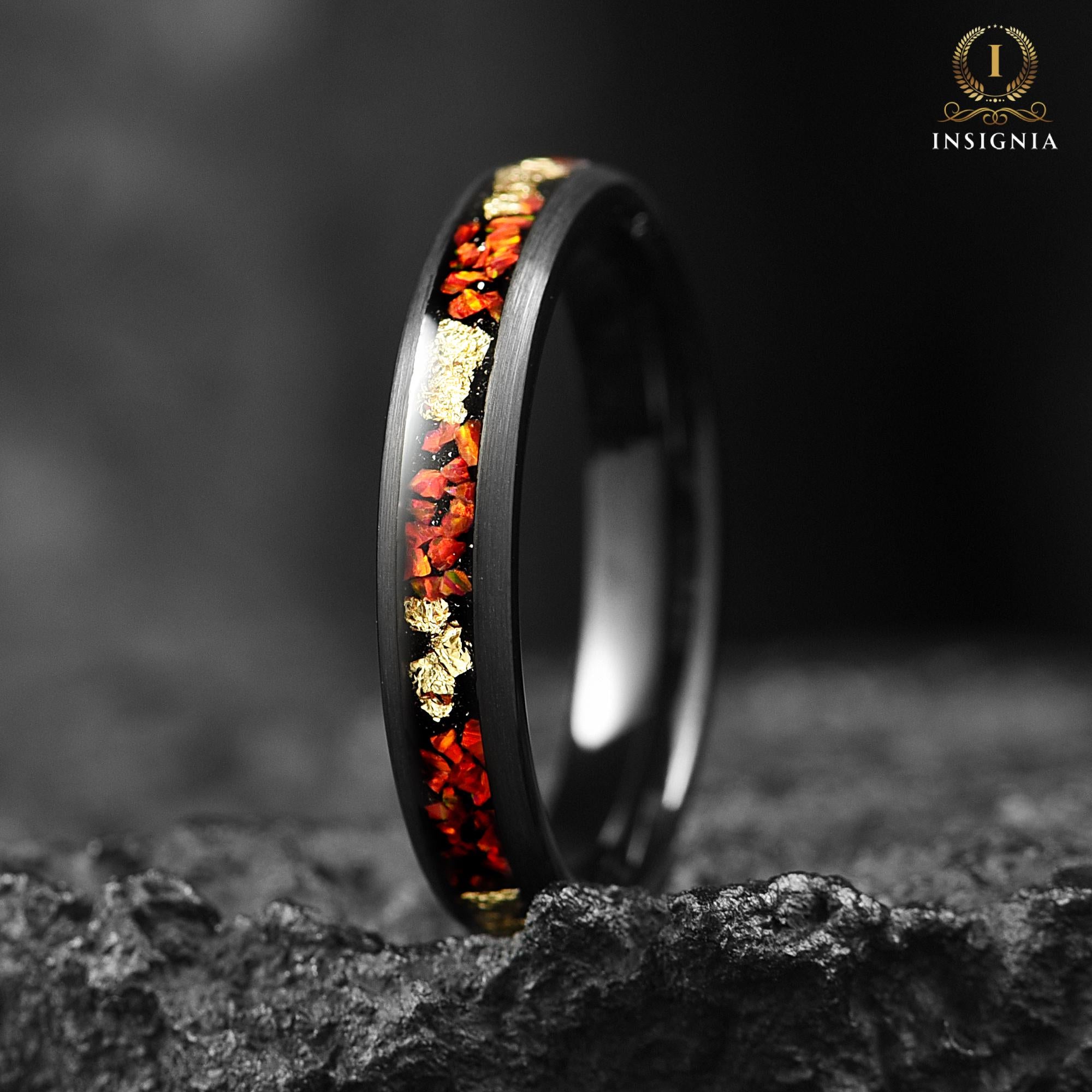 Red Fire Opal & Gold Leaf Dome Ring 4mm for Women-  Unique Wedding Band - Engagement / Promise Ring For Her - Anniversary Gift - INSIGNIA