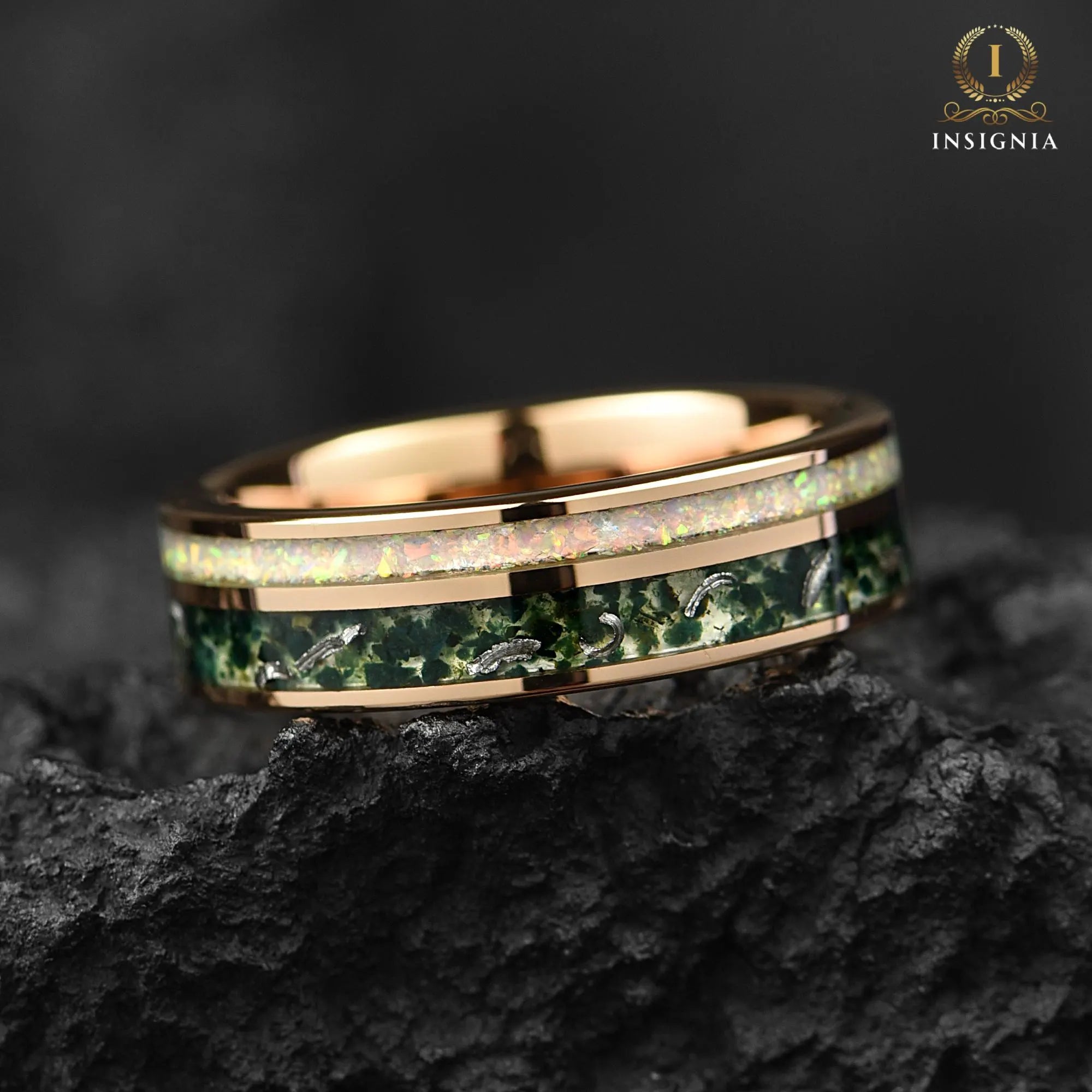 Moss Agate Meteorite & White Fire Opal Ring 6mm Rose Gold - Tungsten Women/Mens Wedding Band Unique - Nature Inspired Promise Ring for Him - INSIGNIA